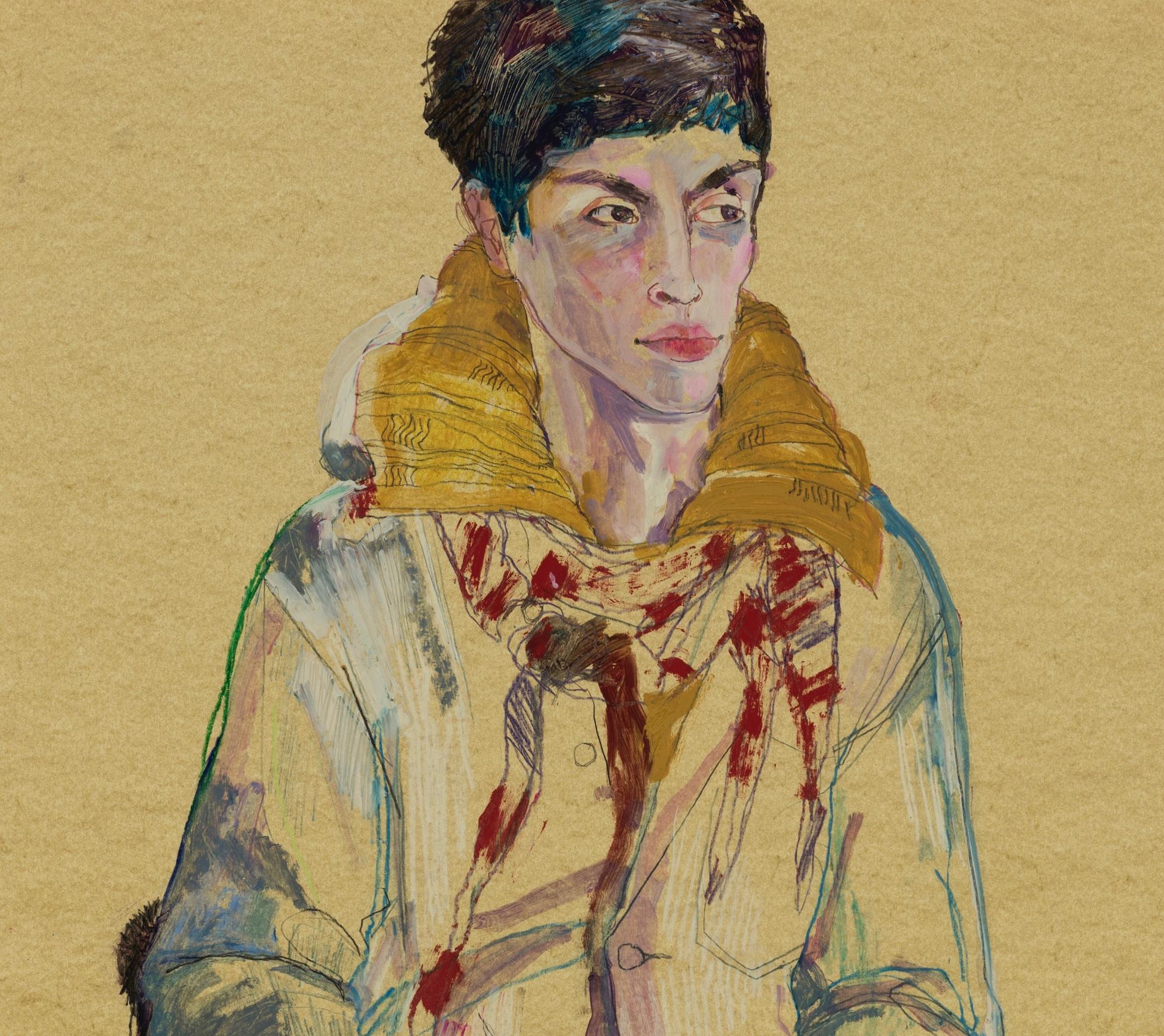 Ruslan (Swedish Boy), Mixed media on ochre parchment - Brown Figurative Painting by Howard Tangye