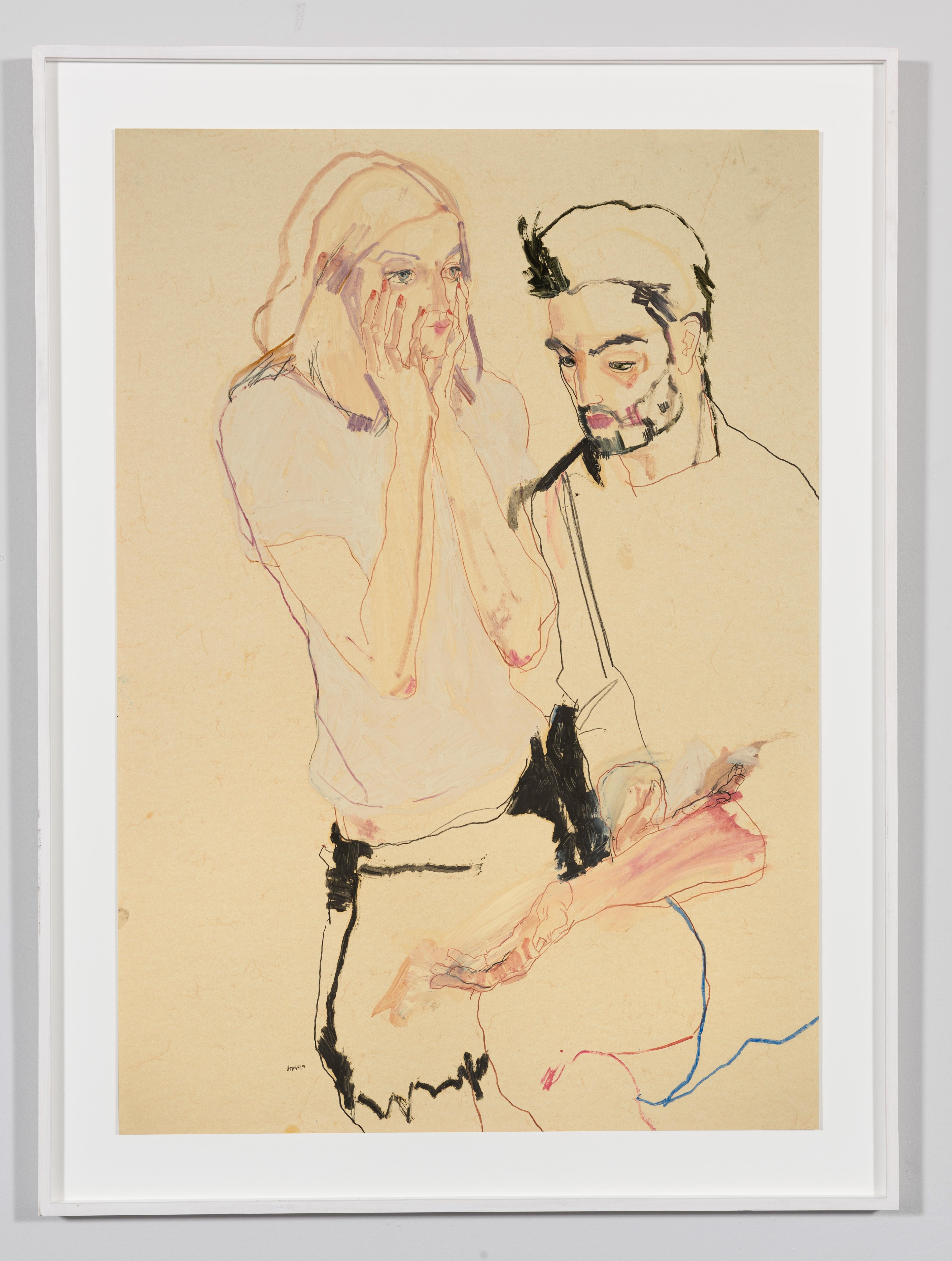 Sarah & Asad (Hands to Face), Mixed media on Pergamenata parchment - Painting by Howard Tangye
