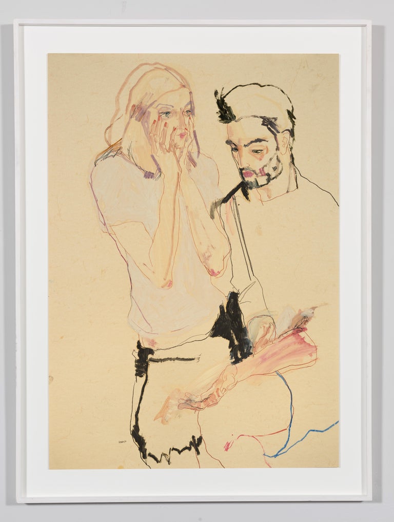 Sarah & Asad (Hands to Face), Mixed media on Pergamenata parchment - Painting by Howard Tangye