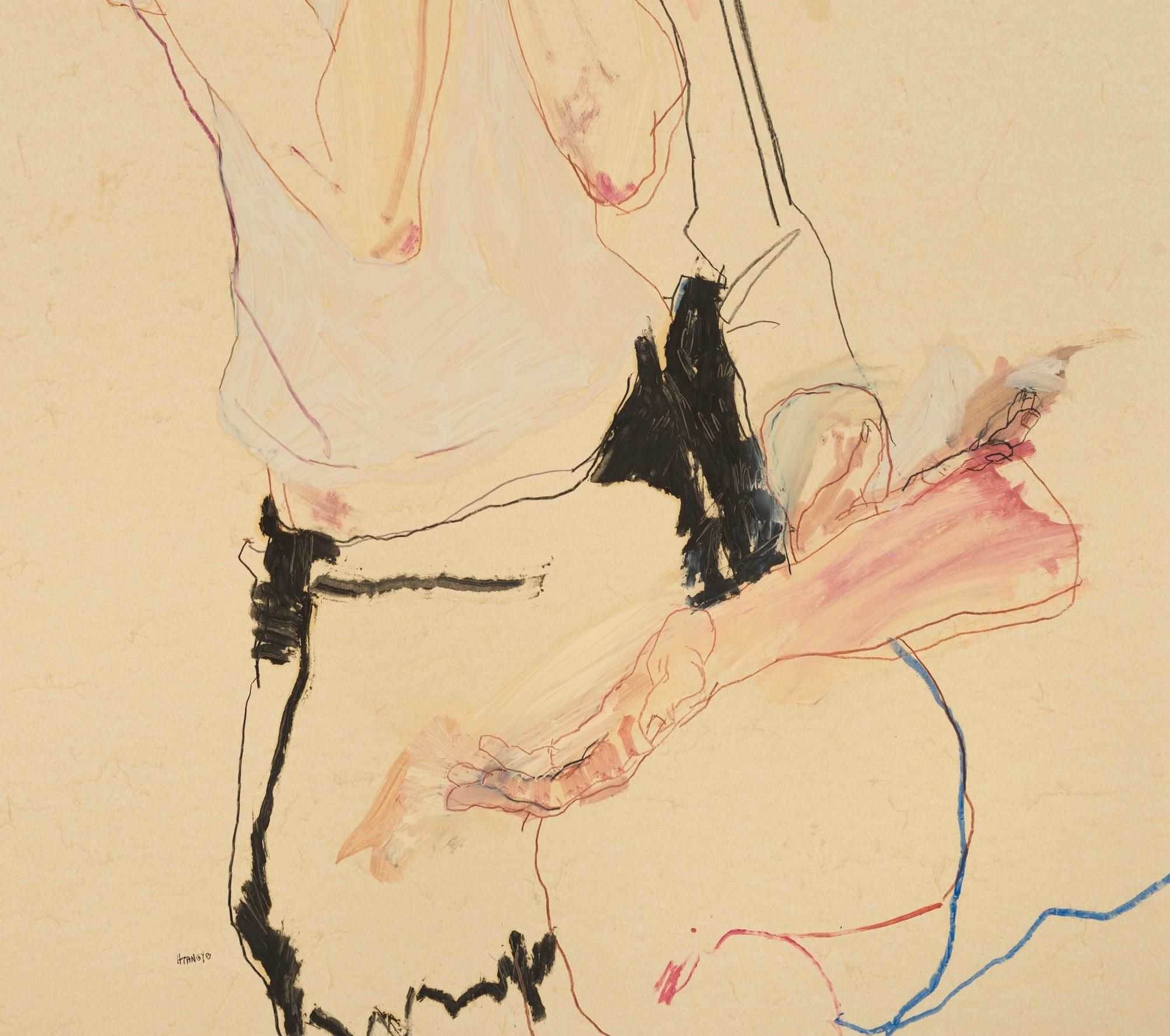 Sarah & Asad (Hands to Face), Mixed media on Pergamenata parchment - Contemporary Painting by Howard Tangye