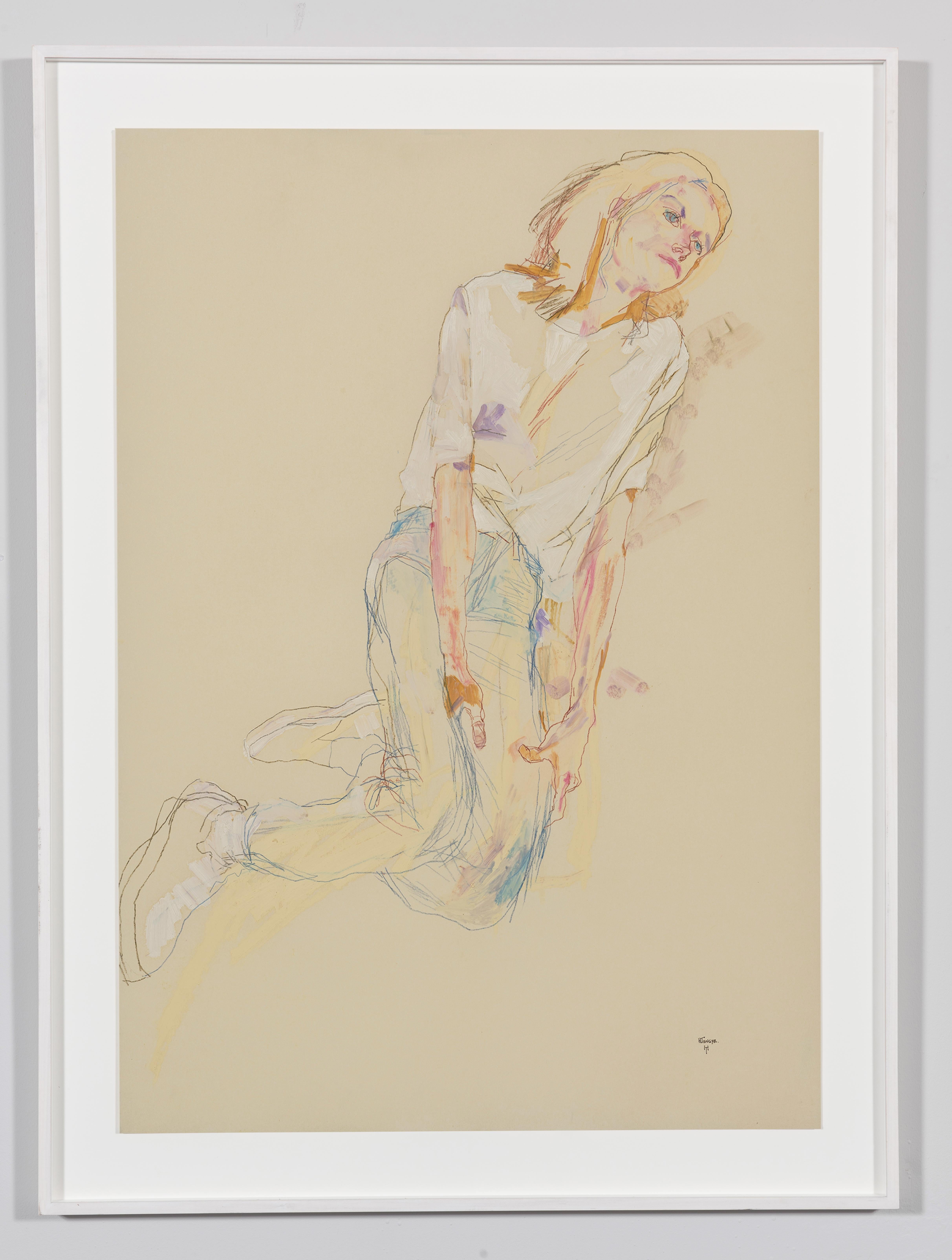 Sarah B. (Reclining, Hands on Thighs), Mixed media on Rives paper - Painting by Howard Tangye