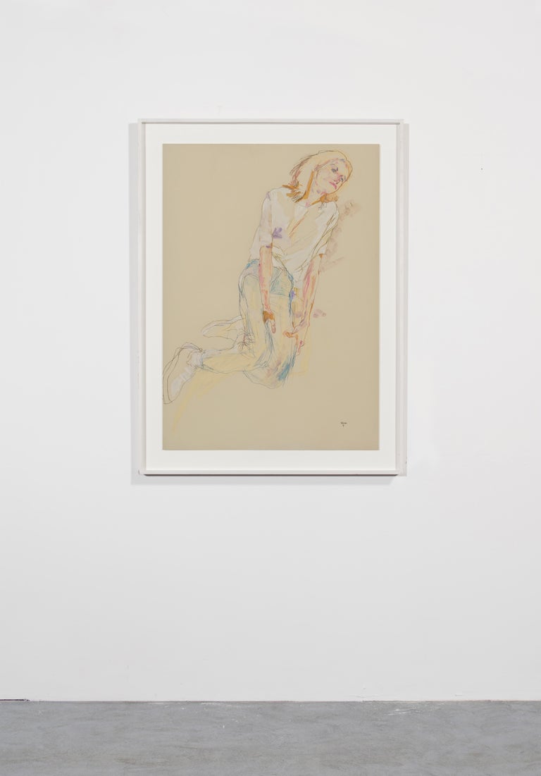 Sarah B. (Reclining, Hands on Thighs), Mixed media on Rives paper - Contemporary Painting by Howard Tangye