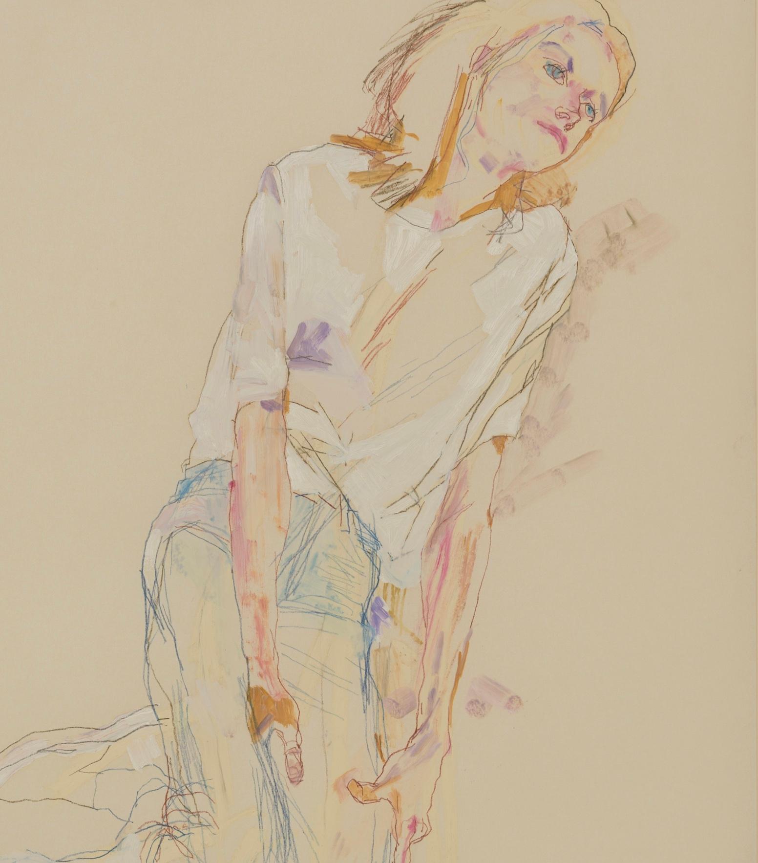 Sarah B. (Reclining, Hands on Thighs), Techniques mixtes sur papier Rives - Beige Figurative Painting par Howard Tangye