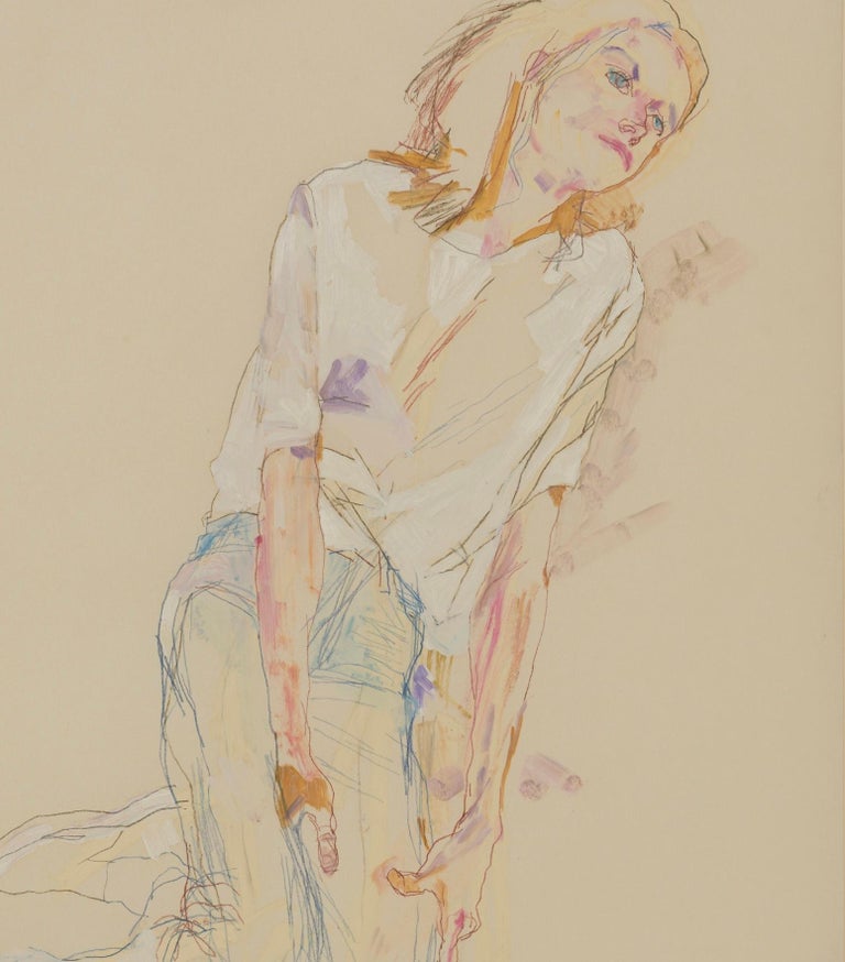 Sarah B. (Reclining, Hands on Thighs), Mixed media on Rives paper - Beige Figurative Painting by Howard Tangye