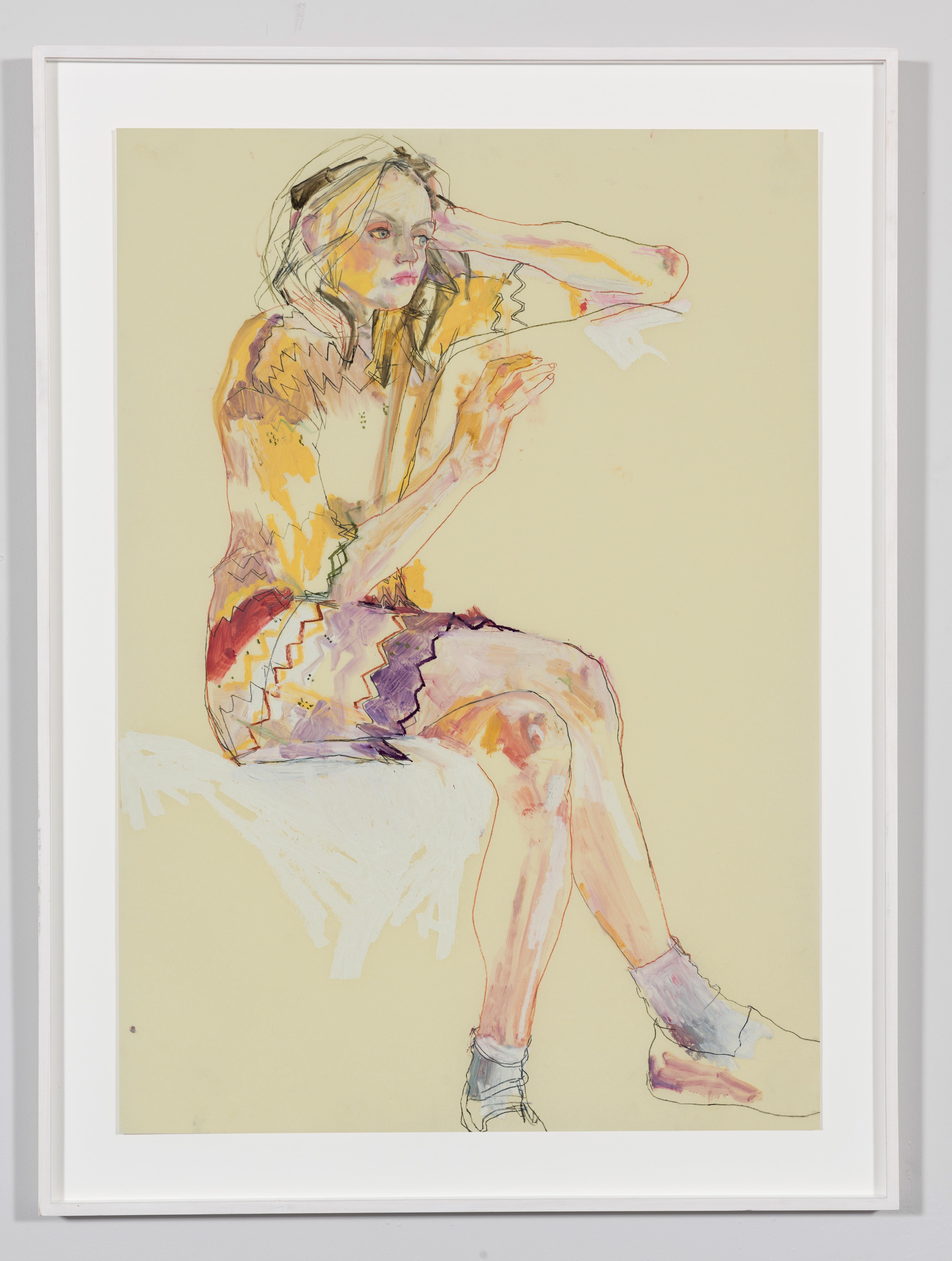 Sarah B. (Sitting, Hand in Head - Red and Yellow), Mixed media on parchment - Art by Howard Tangye