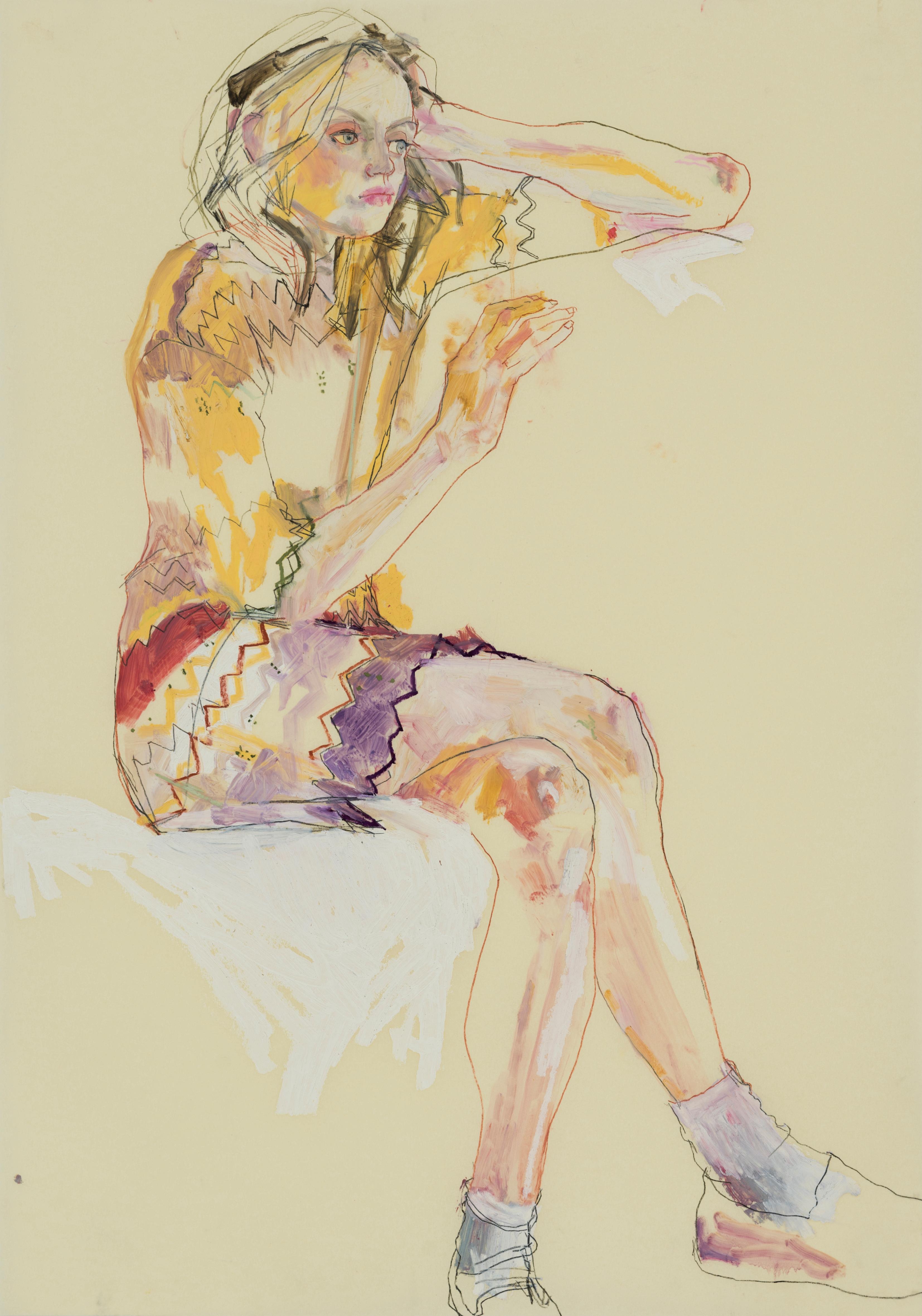 Howard Tangye Figurative Art - Sarah B. (Sitting, Hand in Head - Red and Yellow), Mixed media on parchment
