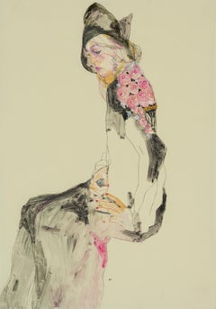 Sarah (Profile, Schiaparelli Coat), Mixed media on Pergamenata parchment