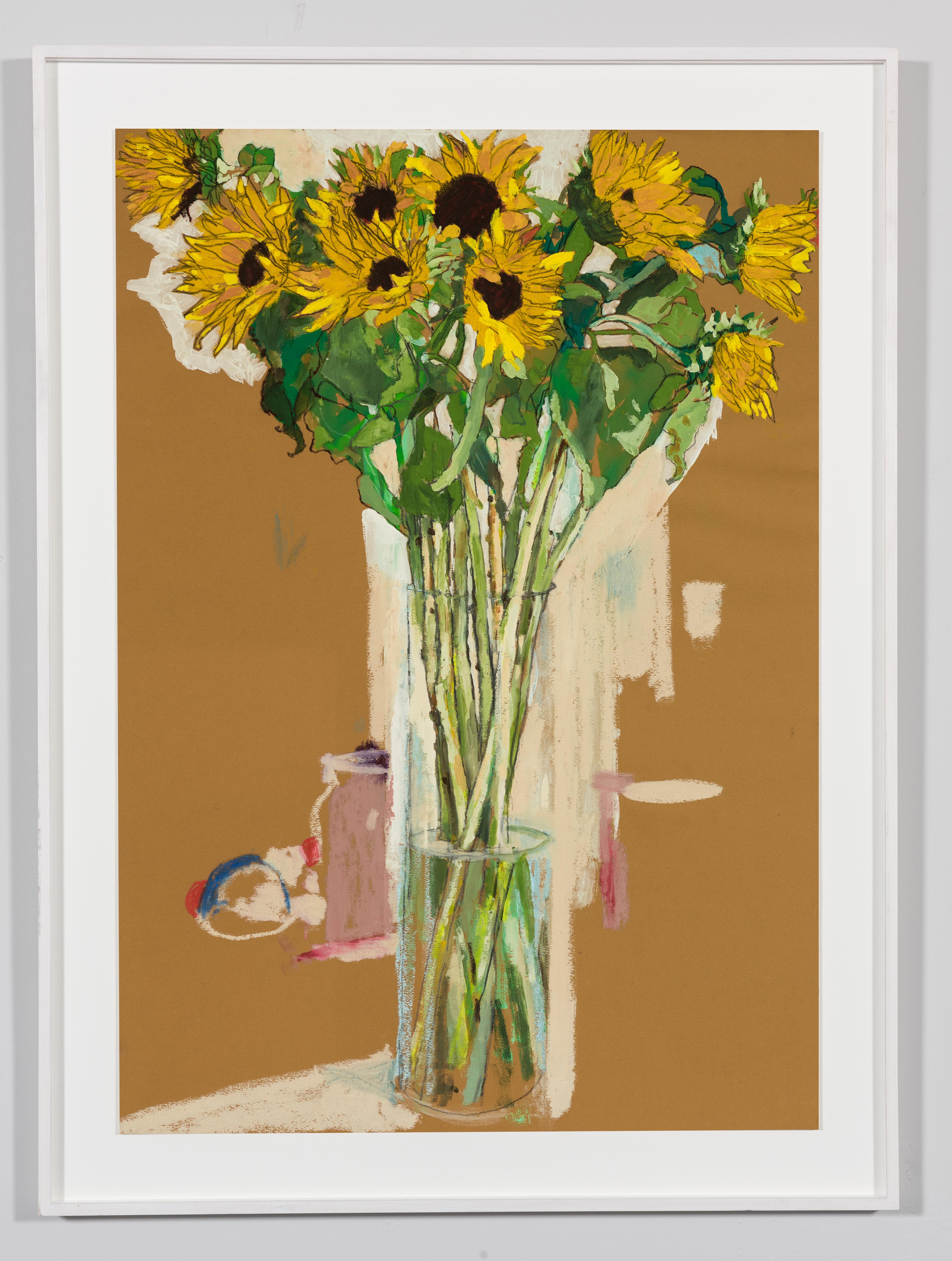 Sunflowers, Mixed media on ochre paper - Painting by Howard Tangye