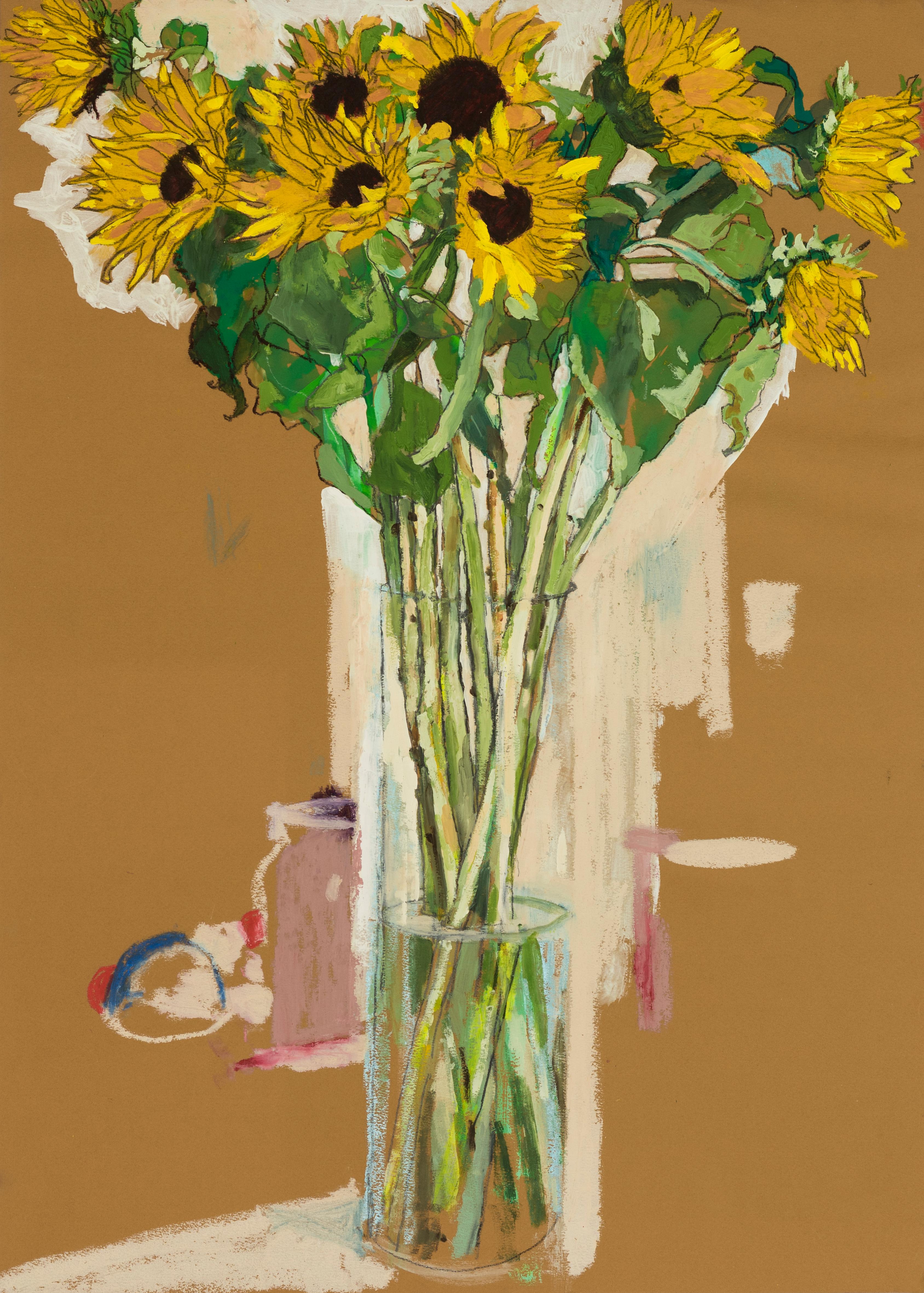 Sunflowers, Mixed media on ochre paper