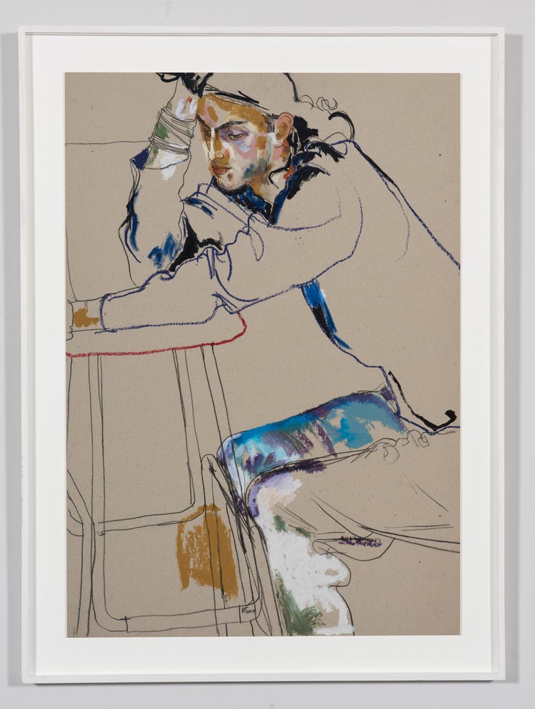 Tom Cawson (Sitting - Hand on Head), Mixed media on grey cardboard - Painting by Howard Tangye