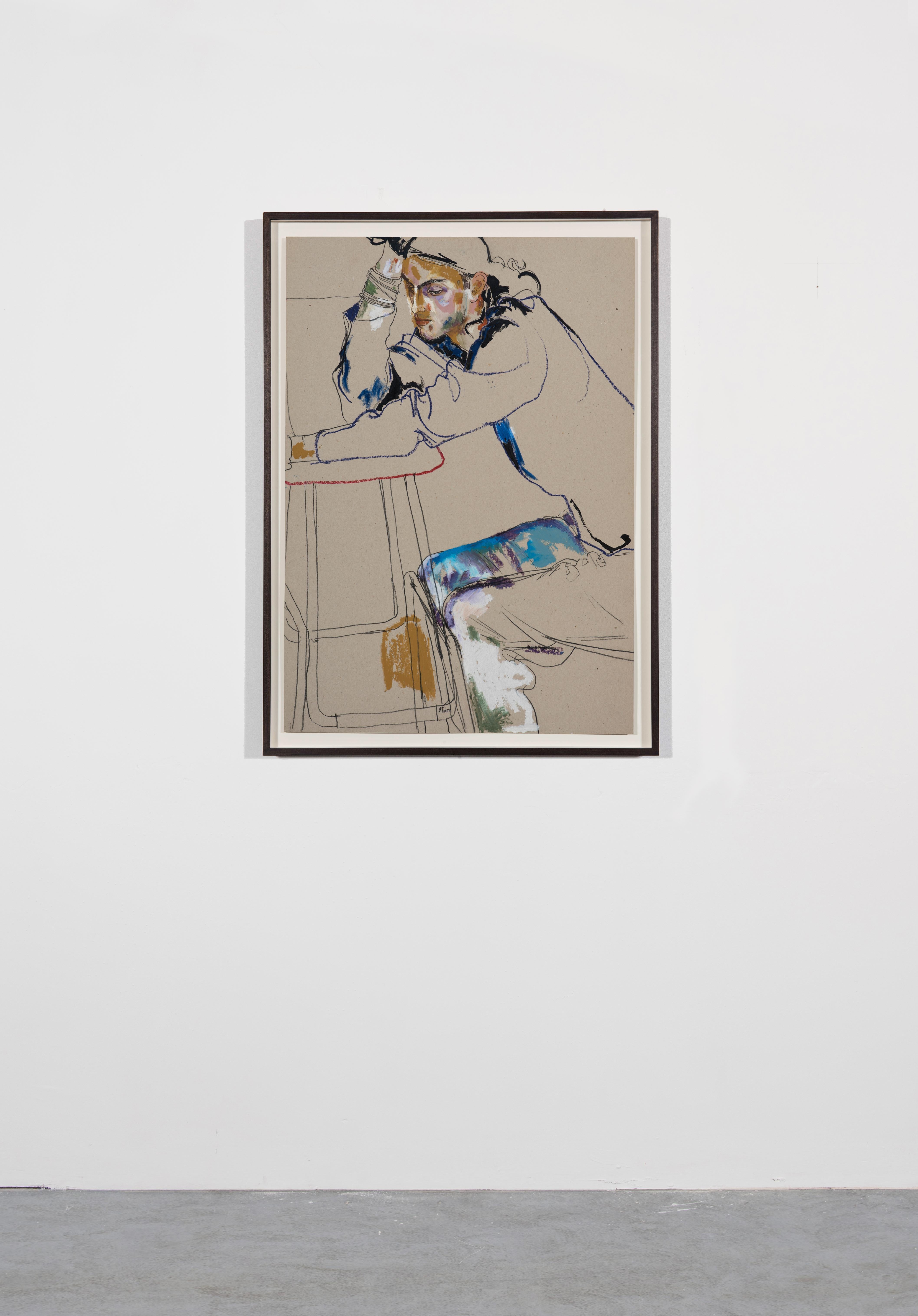 Tom Cawson (Sitting - Hand on Head), Techniques mixtes sur carton gris - Contemporain Painting par Howard Tangye