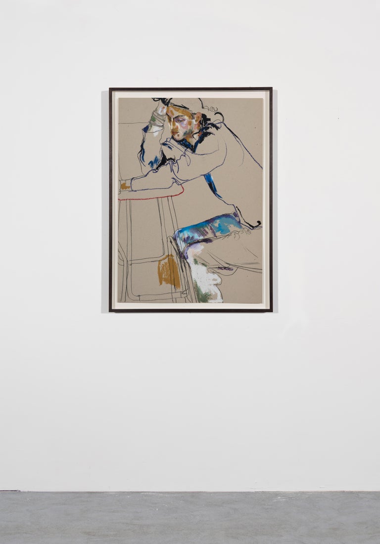 Tom Cawson (Sitting - Hand on Head), Mixed media on grey cardboard - Contemporary Painting by Howard Tangye