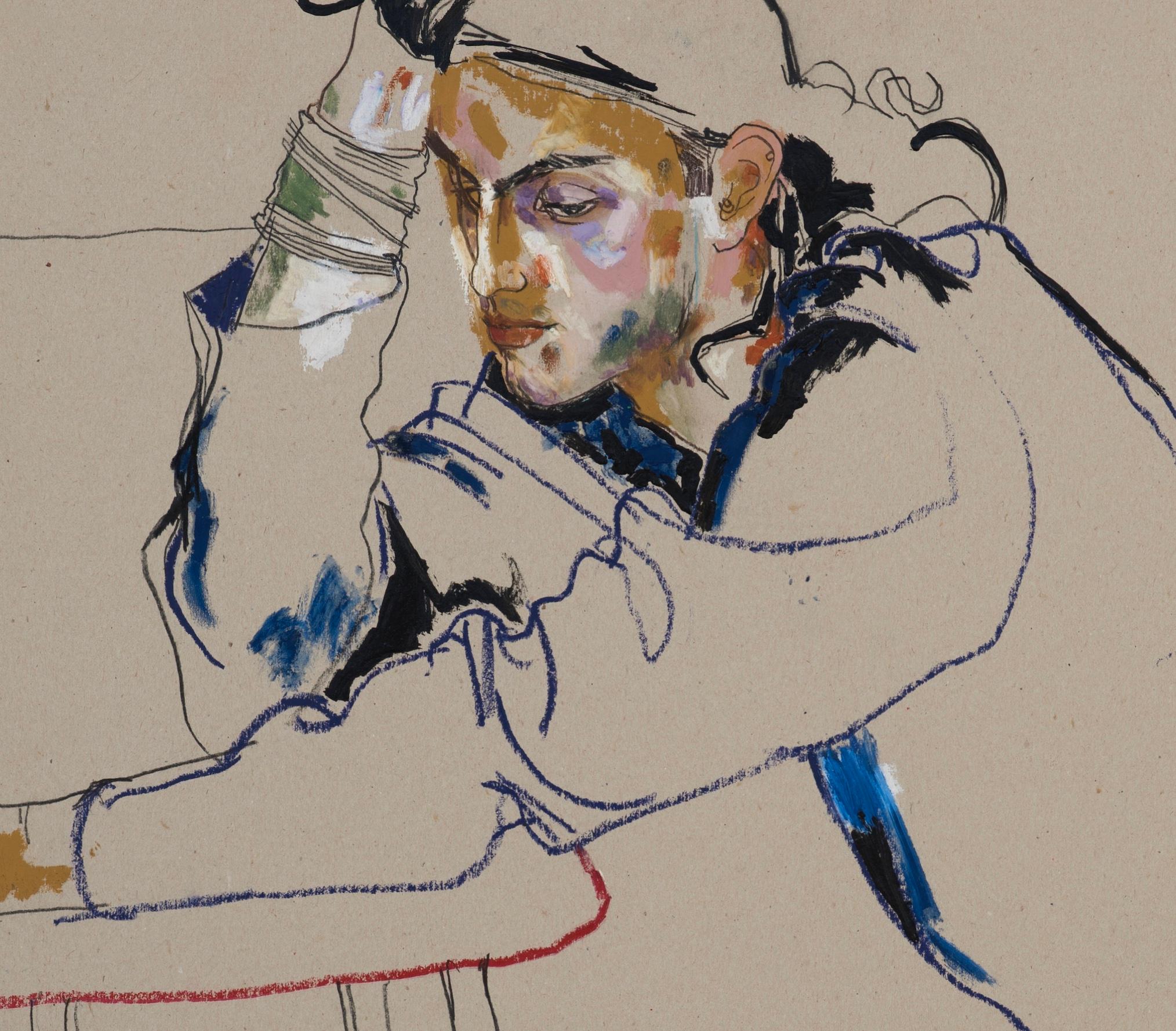 Tom Cawson (Sitting - Hand on Head), Techniques mixtes sur carton gris - Marron Figurative Painting par Howard Tangye
