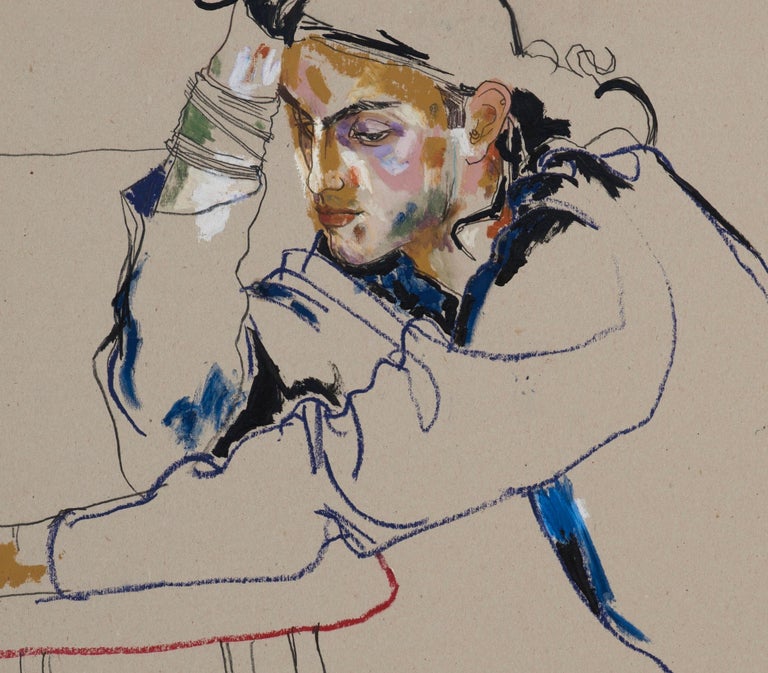 Tom Cawson (Sitting - Hand on Head), Mixed media on grey cardboard - Brown Figurative Painting by Howard Tangye
