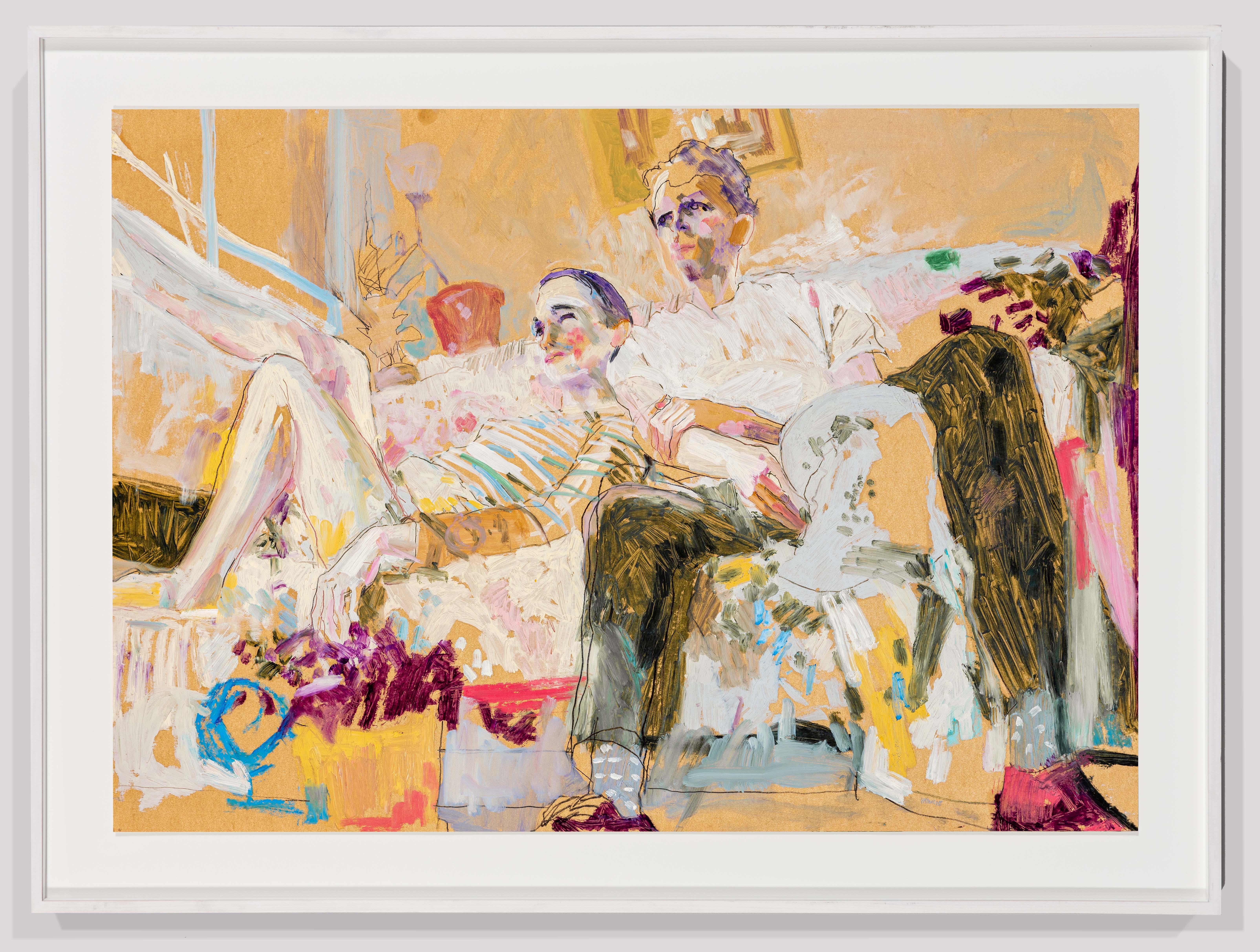 Tom & Richard (Stripes, through Zoom), Mixed media on ochre parchment  - Painting by Howard Tangye