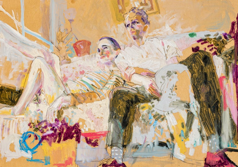 Howard Tangye Figurative Painting - Tom & Richard (Stripes, through Zoom), Mixed media on ochre parchment 