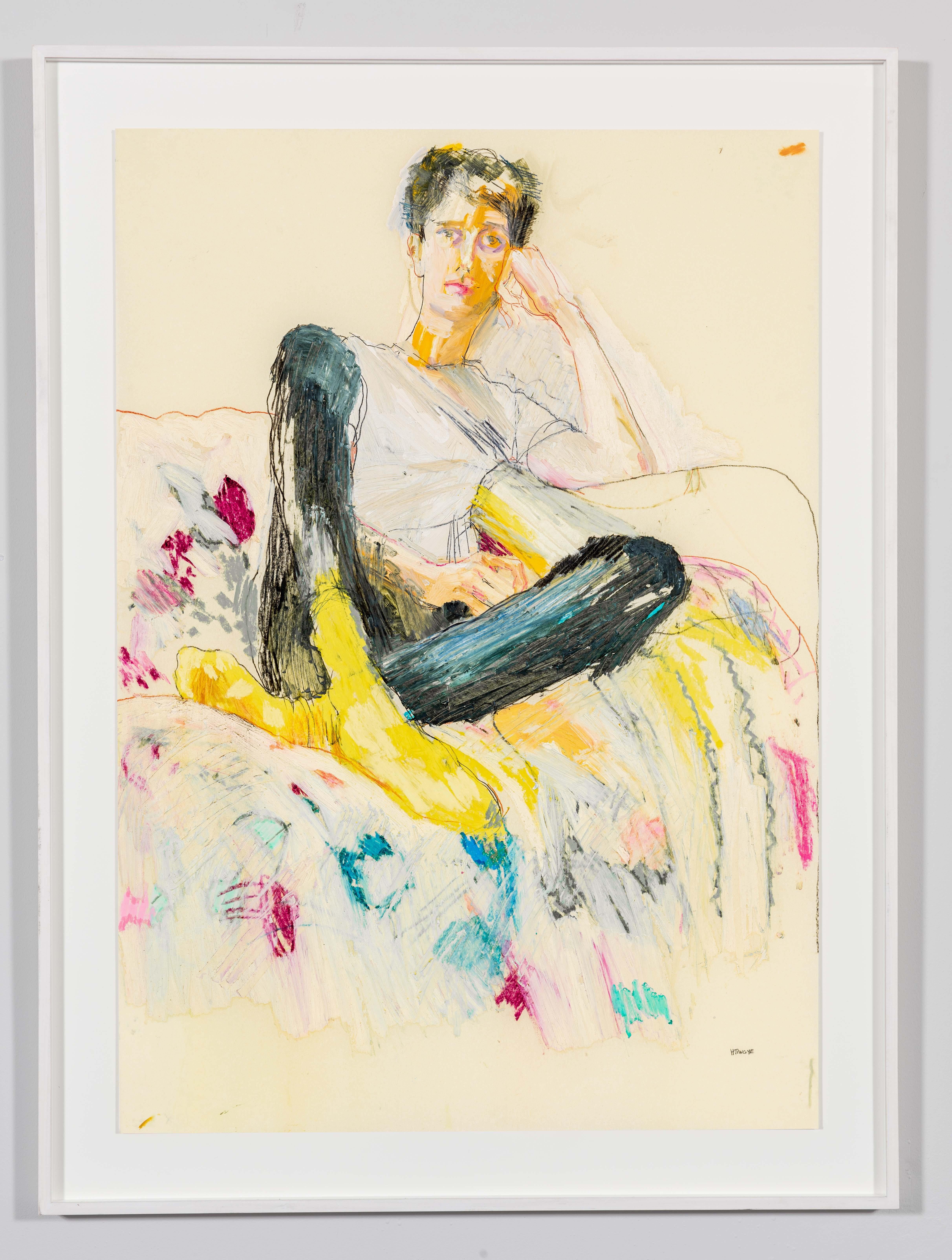 Tom (Sitting, flowers, through Zoom), Mixed media on Pergameneta parchment - Painting by Howard Tangye