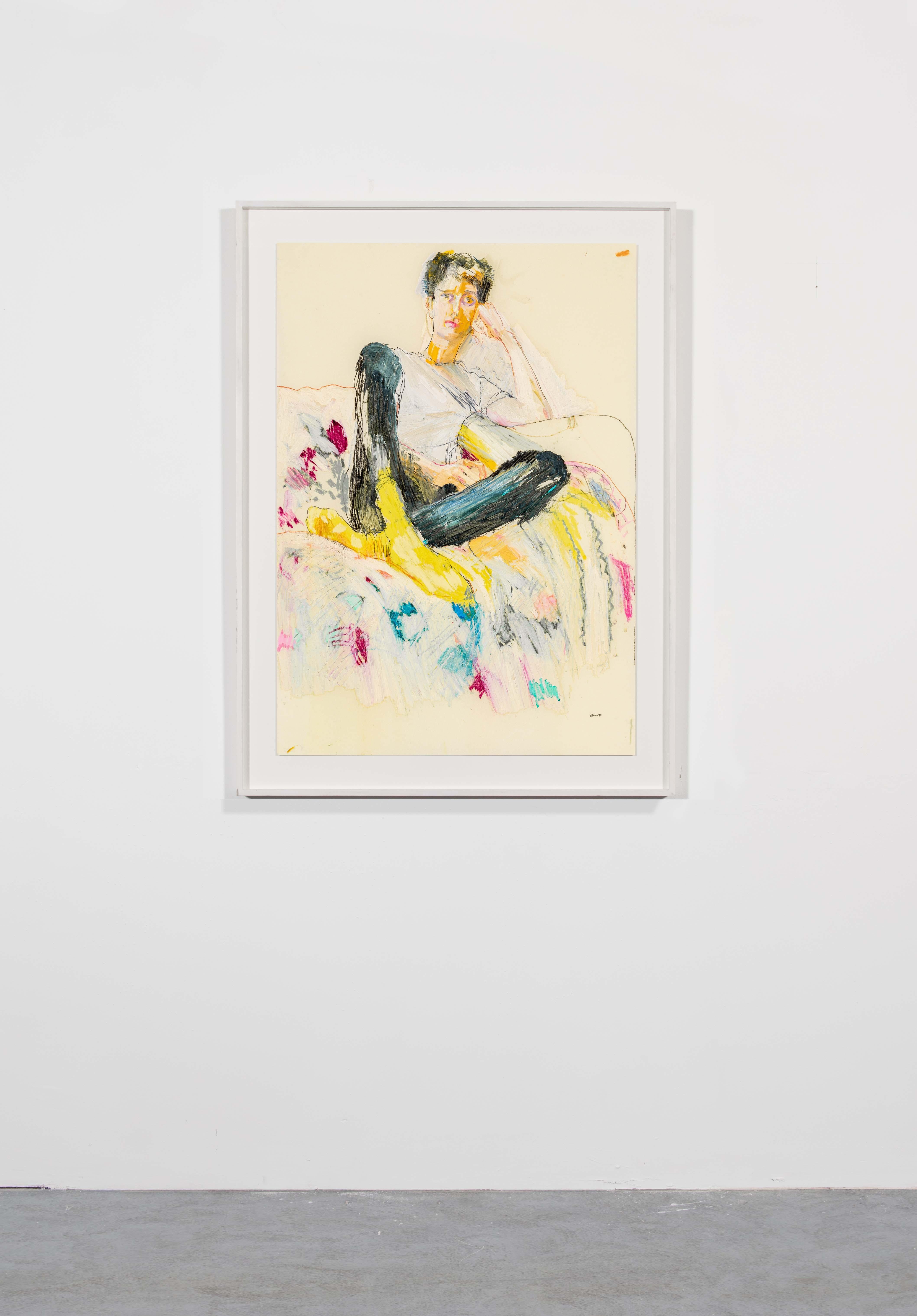 Tom (Sitting, flowers, through Zoom), Mixed media on Pergameneta parchment - Contemporary Painting by Howard Tangye