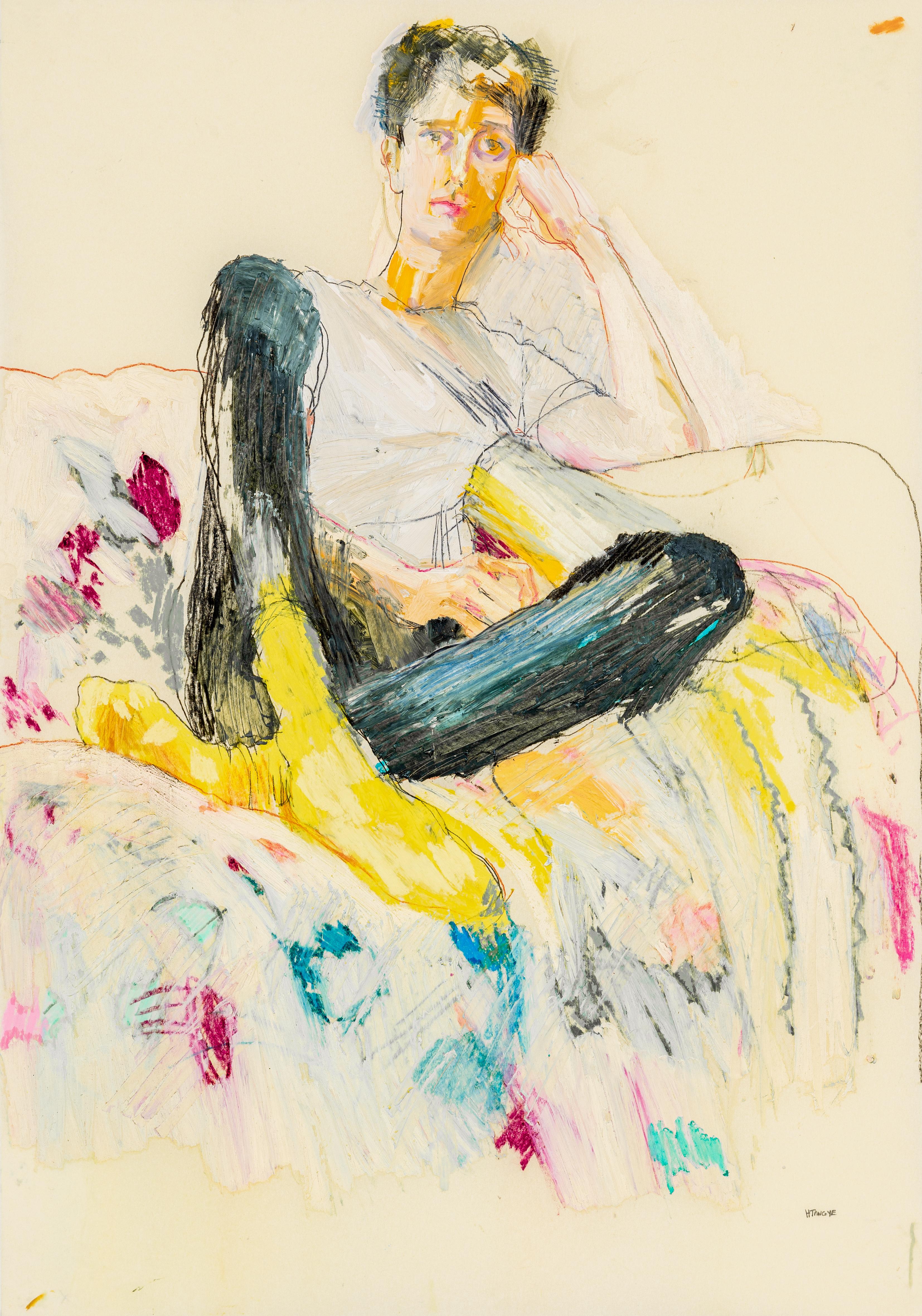 Figurative Painting Howard Tangye - Tom (Sitting, flowers, through Zoom), techniques mixtes sur parchemin Pergameneta