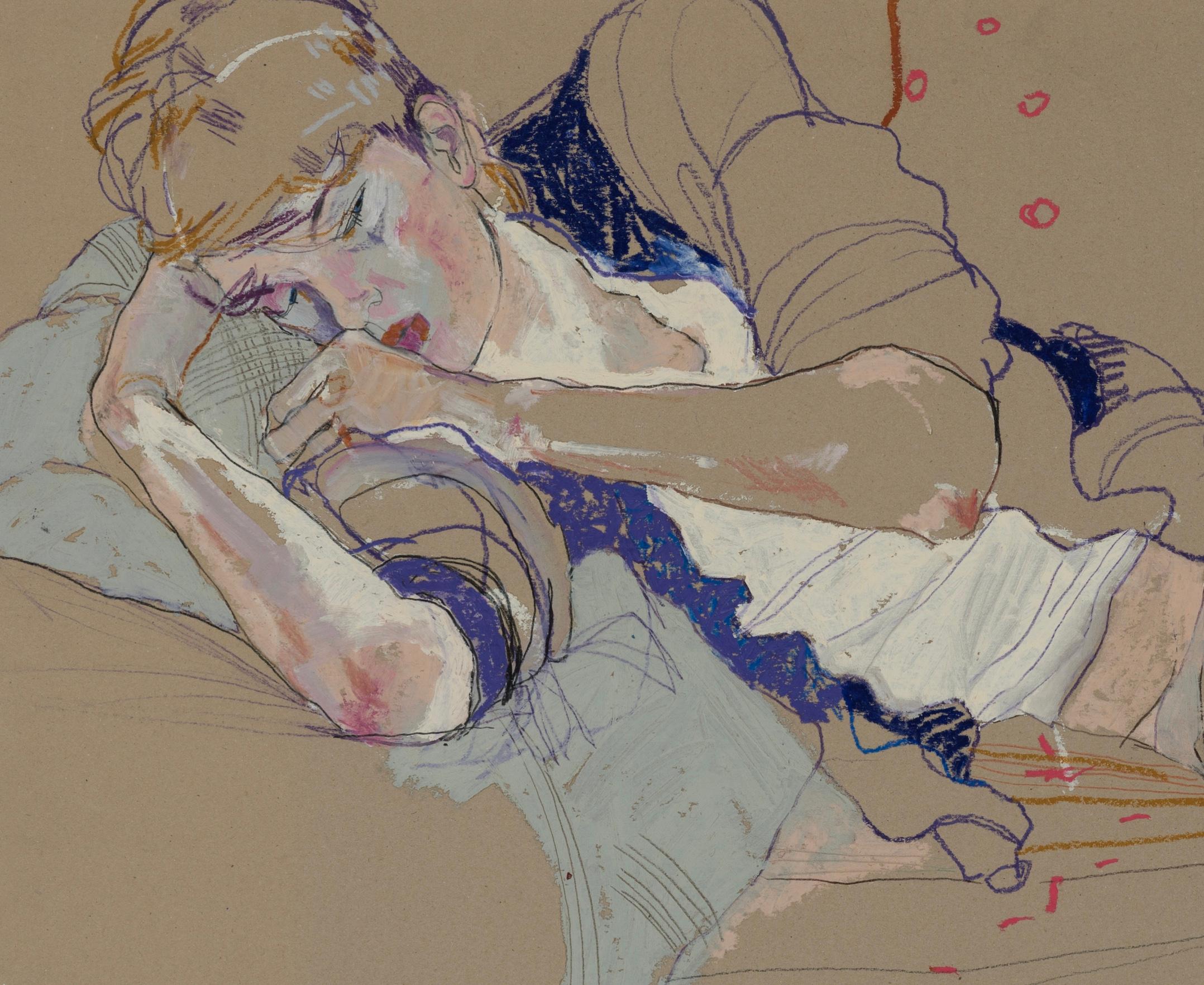 Wes Gordon (Lying Down), Mixed media on grey board - Brown Portrait Painting by Howard Tangye