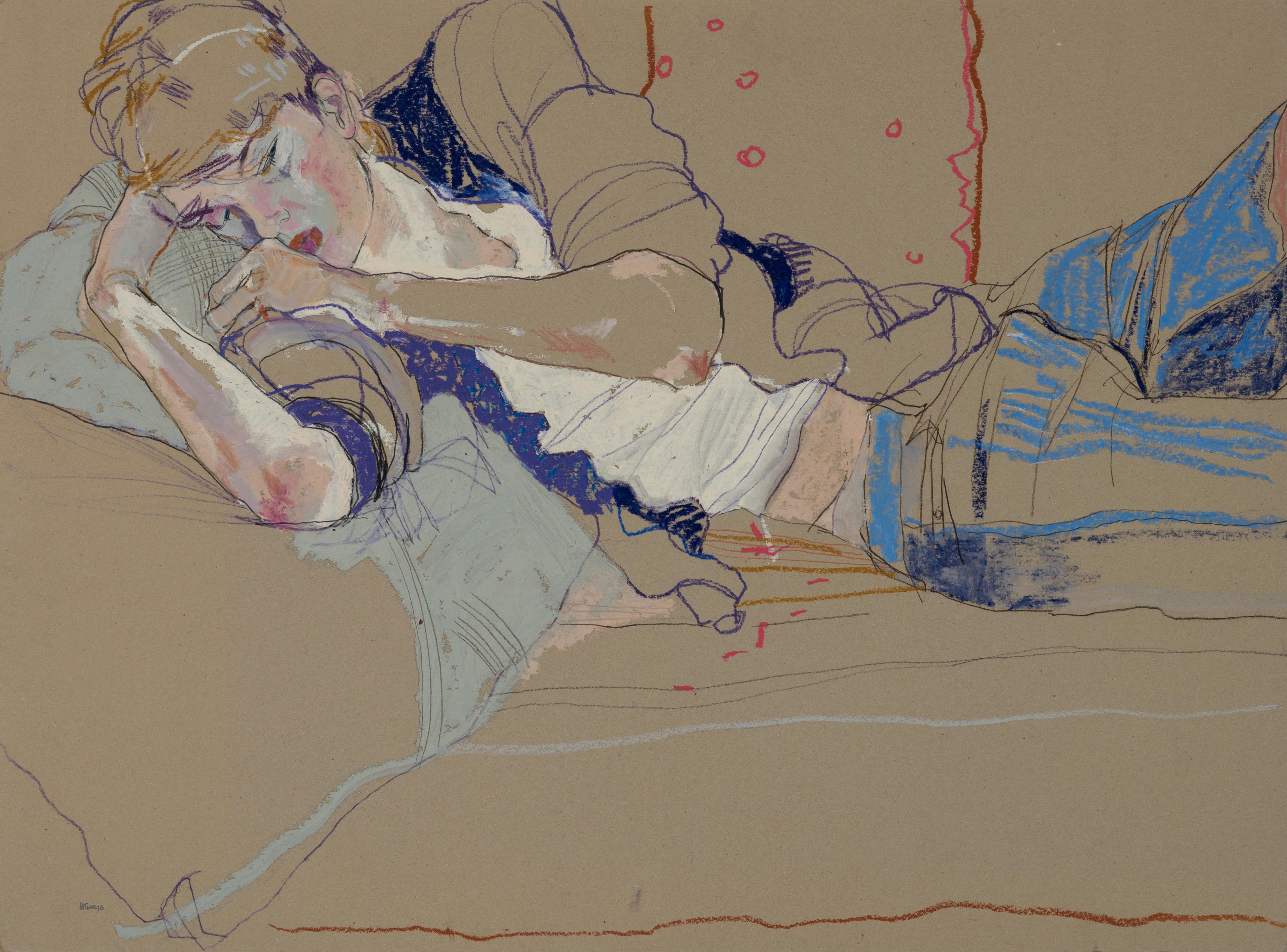 Howard Tangye Portrait Painting - Wes Gordon (Lying Down), Mixed media on grey board