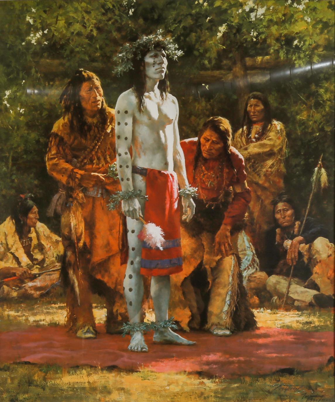 Preparing for the Sundance, Lithographie, signiert und nummeriert, amerikanische Ureinwohner – Print von Howard Terpning
