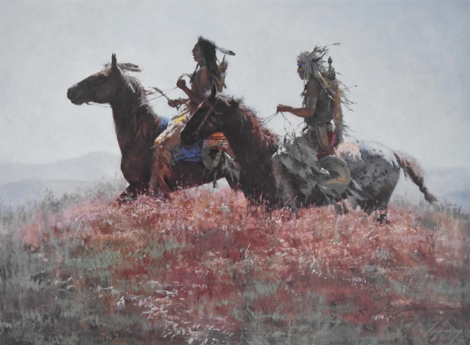 Amérindiens amérindiens sur chevaux Western - Print de Howard Terpning