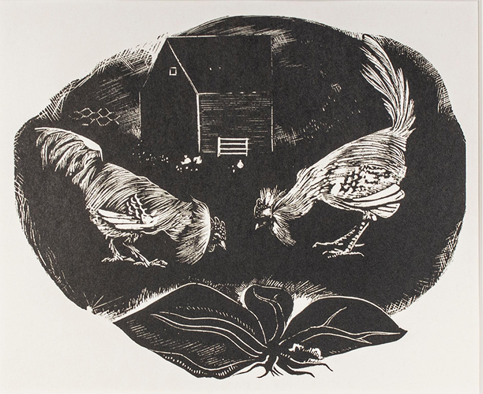 "Brahma vs. Leghorn, " Farm Scene Wood Engraving by Howard Thomas