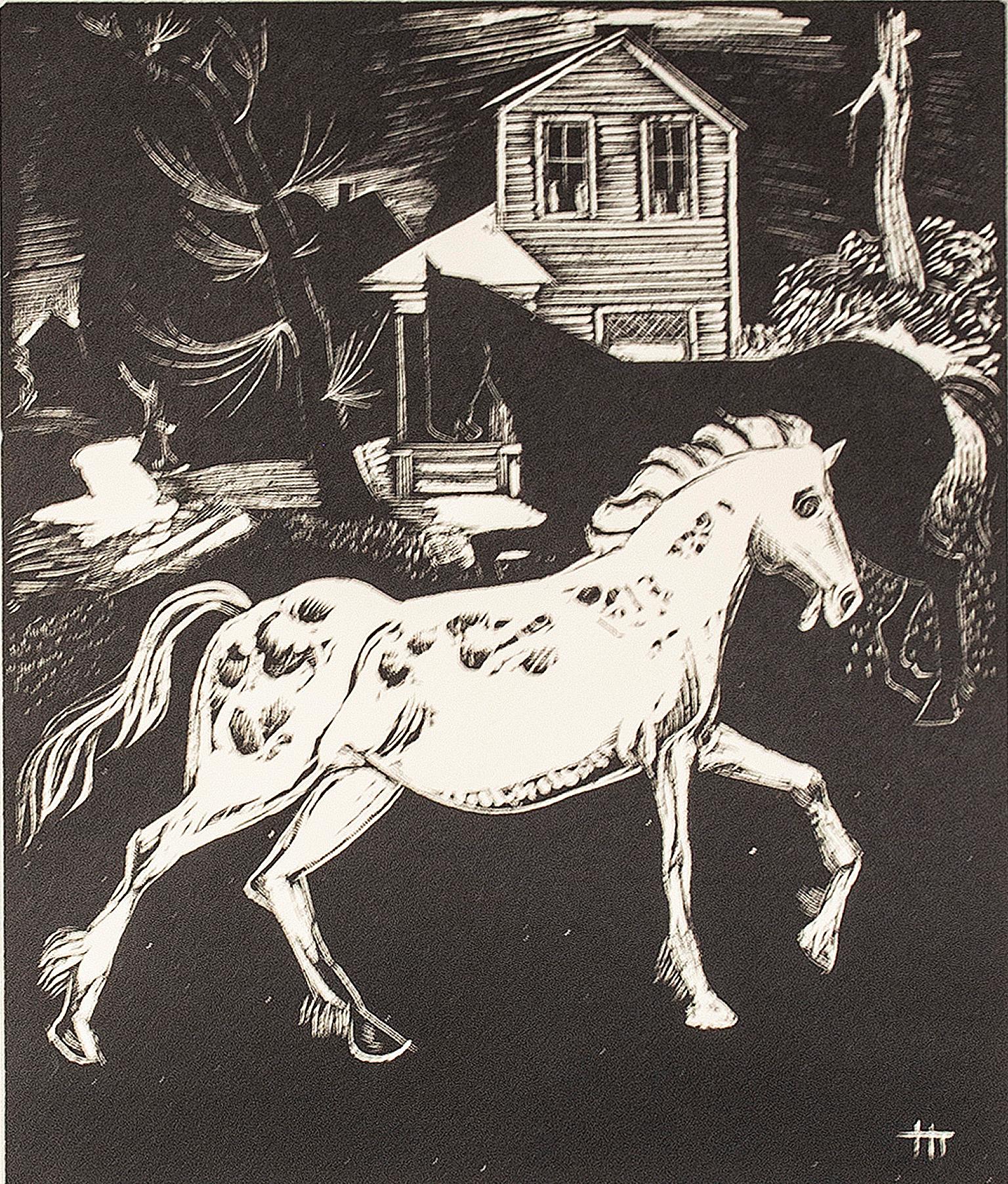 "White Horse" ist ein Original-Holzstich von Howard Thomas, signiert in der unteren rechten Ecke. Im Vordergrund des Bildes trabt ein weißes Pferd vorbei, mit Spiralen in den Augen und Flecken auf dem Fell. Ein schwarzes Pferd und ein Haus stehen