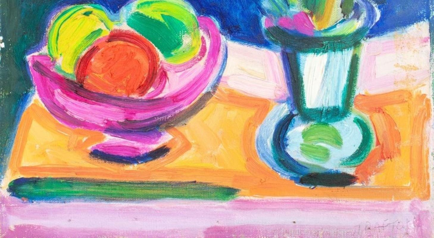 Howard Trafton Still Life of Fruit & Flowers Oil In Good Condition For Sale In Astoria, NY