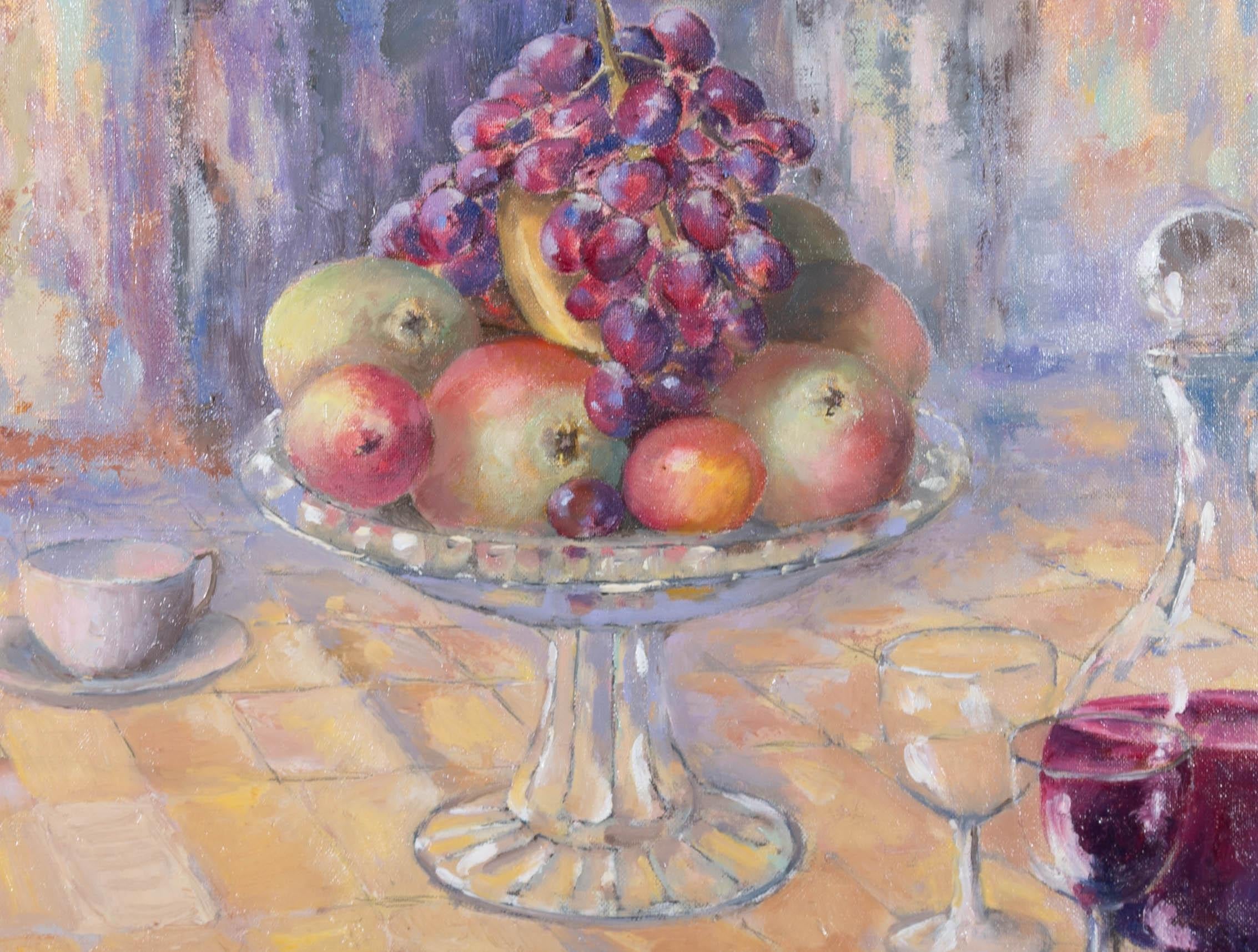 Howard Webber - 1991 Oil, Still Life With Fruit Dish and Decante For Sale 1