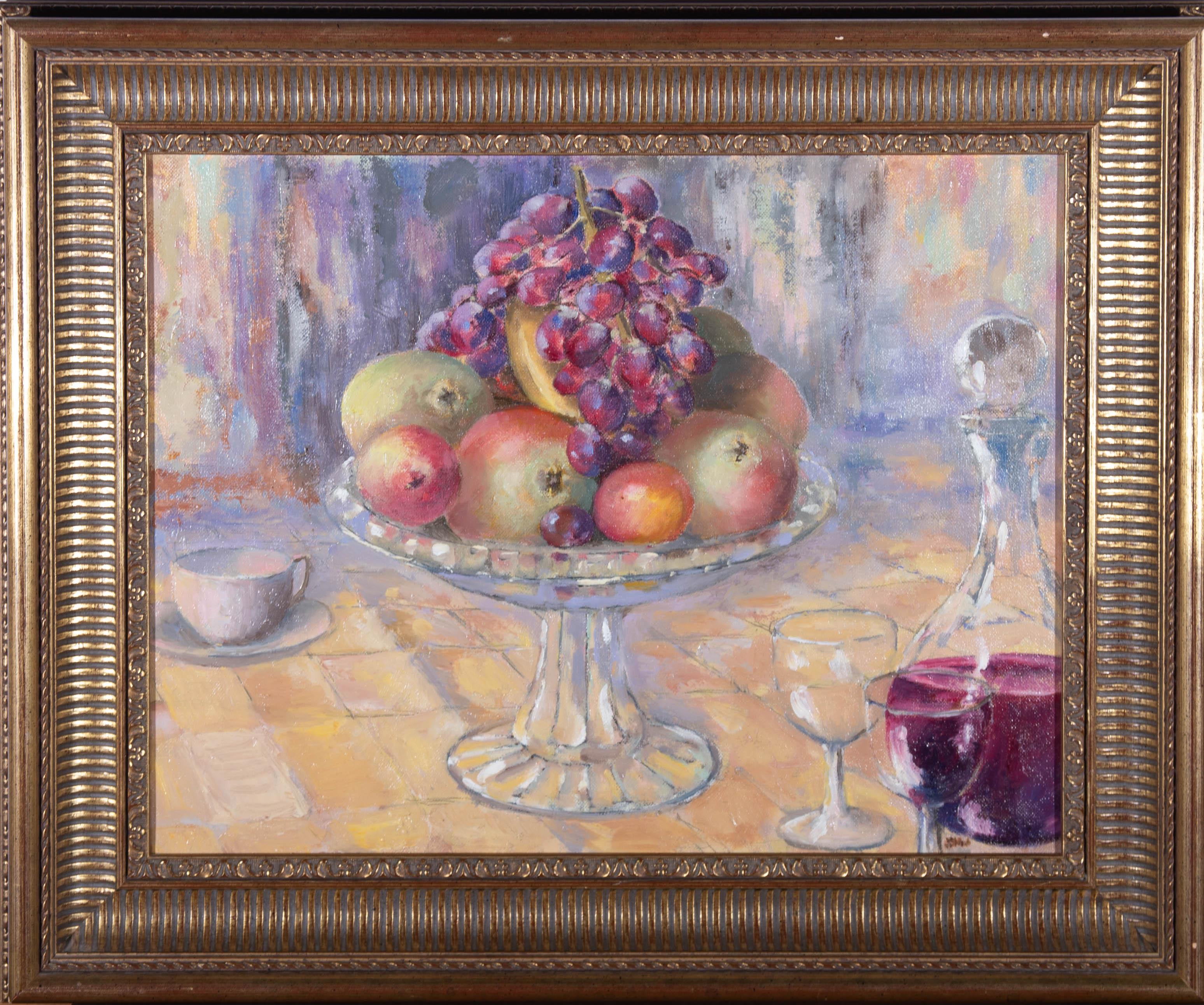 A delightful still life study of a fruit dish and decanter, the artist has used a variety of colours to create a contrast between the fruit and its surroundings and has used flecks of white paint to give the impression of glass and its reflection.