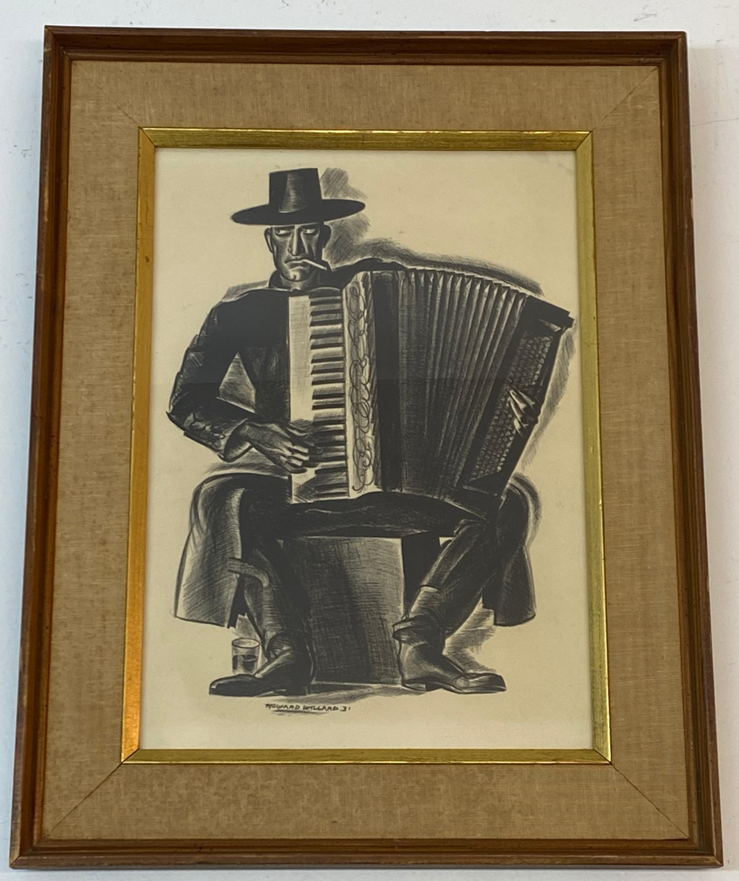Howard Willard "L'accordéoniste" Lithographie originale c.1931 

Dimensions 9,25" de large x 13,5" de haut

Le cadre mesure 14,25 pouces de large sur 18,25 pouces de haut

Bon état 

Howard W. Willard est né à Danville, IL, le 8 septembre 1894.