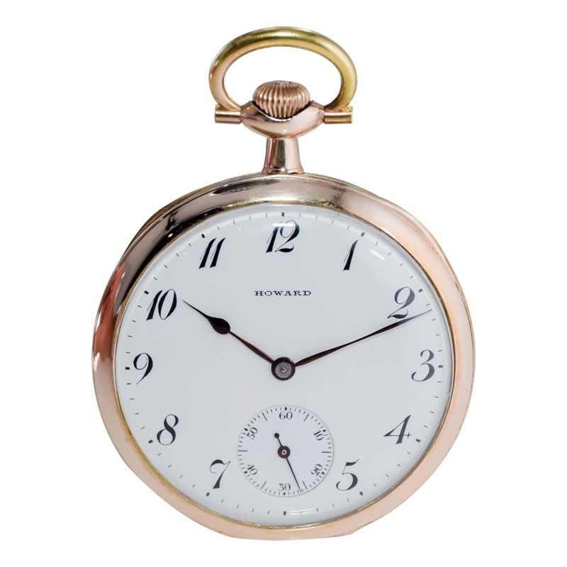 Howard Yellow Gold Filled Open Faced Pocket Watch with Original Enamel Dial 1918 For Sale 4