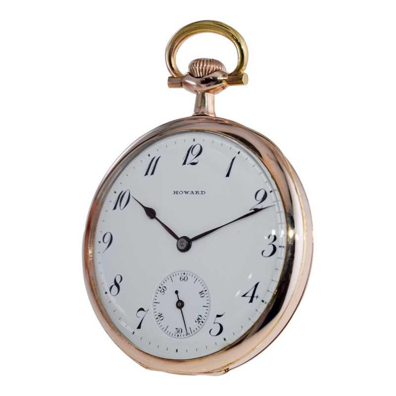 Howard Yellow Gold Filled Open Faced Pocket Watch with Original Enamel Dial 1918 For Sale 5