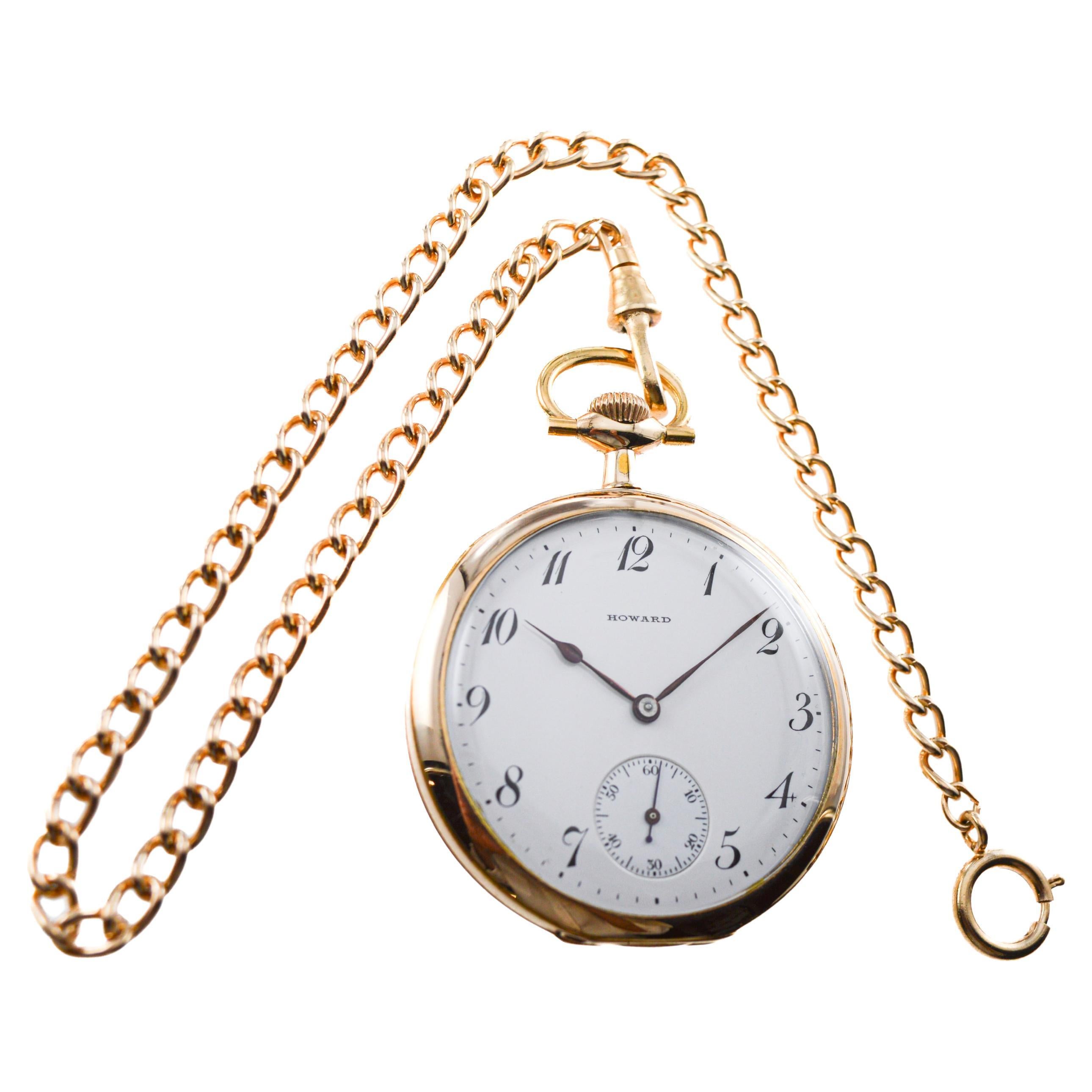 FACTORY / HOUSE: Howard Watch Company
STYLE / REFERENCE: 12 Size / Open Faced Pocket Watch
METAL / MATERIAL: Yellow Gold Filled
CIRCA / YEAR: 1918
DIMENSIONS / SIZE: Diameter 47mm
MOVEMENT / CALIBER: Manual Winding / 19 Jewels / High Grade
DIAL /