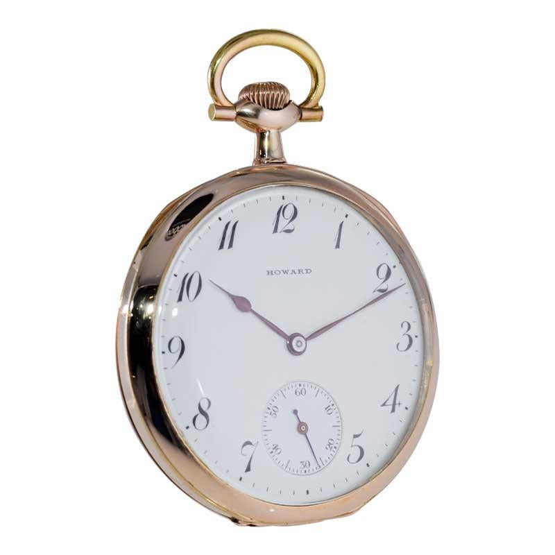 Howard Yellow Gold Filled Open Faced Pocket Watch with Original Enamel Dial 1918 In Excellent Condition For Sale In Long Beach, CA