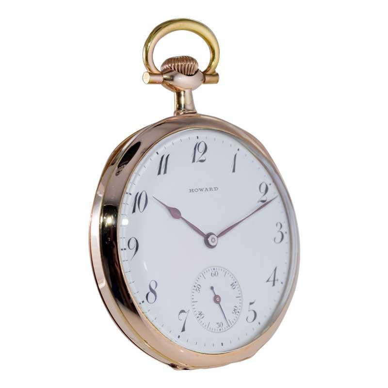 Women's or Men's Howard Yellow Gold Filled Open Faced Pocket Watch with Original Enamel Dial 1918 For Sale