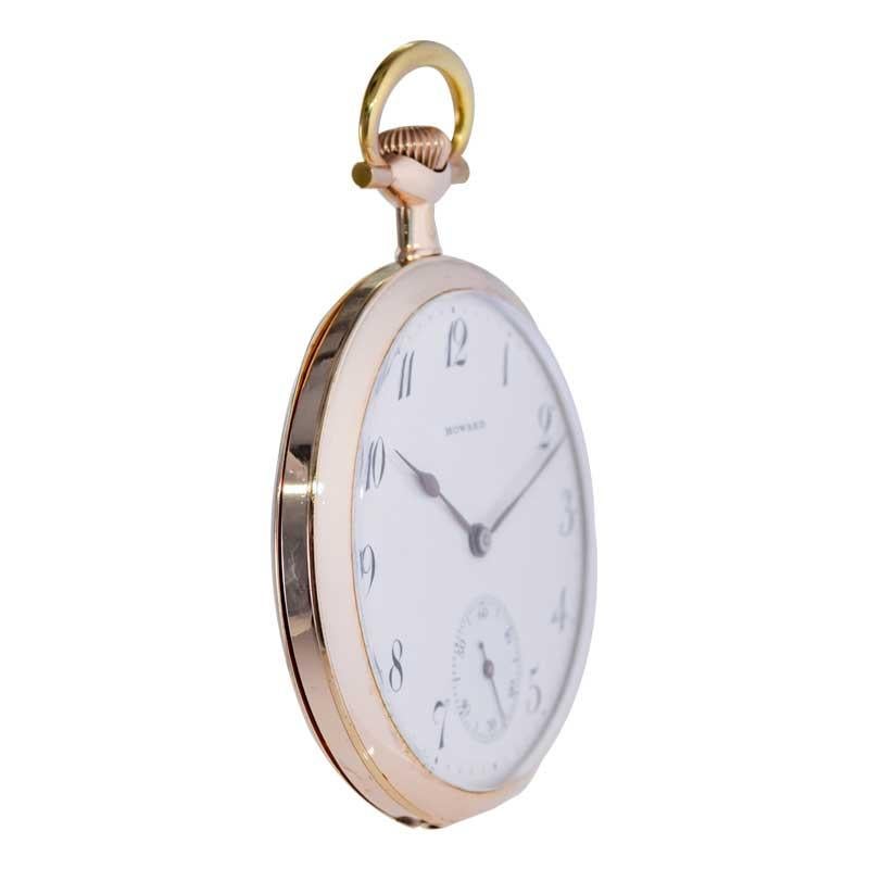 Howard Yellow Gold Filled Open Faced Pocket Watch with Original Enamel Dial 1918 For Sale 1