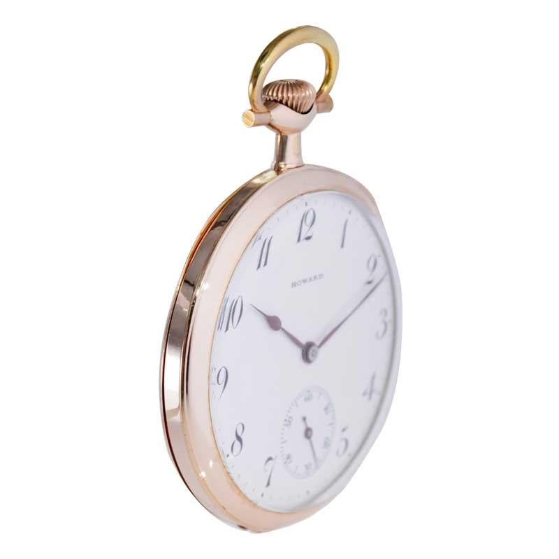 Howard Yellow Gold Filled Open Faced Pocket Watch with Original Enamel Dial 1918 For Sale 2