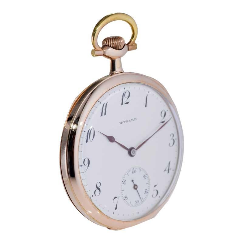 Howard Yellow Gold Filled Open Faced Pocket Watch with Original Enamel Dial 1918 For Sale 3