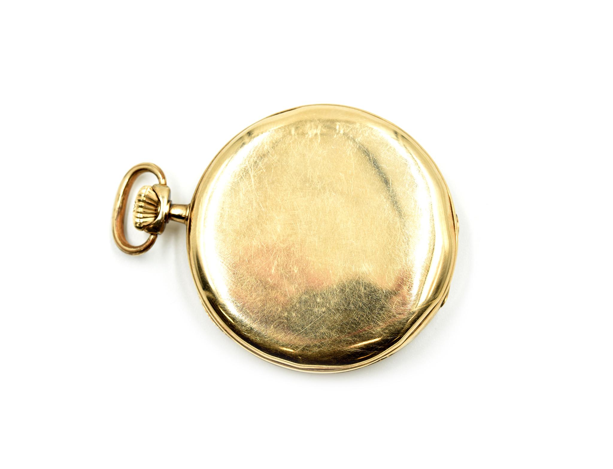 Movement: mechanical 19 jewel movement
Function: hours, minutes, sub-seconds
Case: round 46.50mm 14k yellow gold case, solid case-back, scratch resistant sapphire crystal, winding crown on top of the case
Dial: white arabic numeral dial with blued