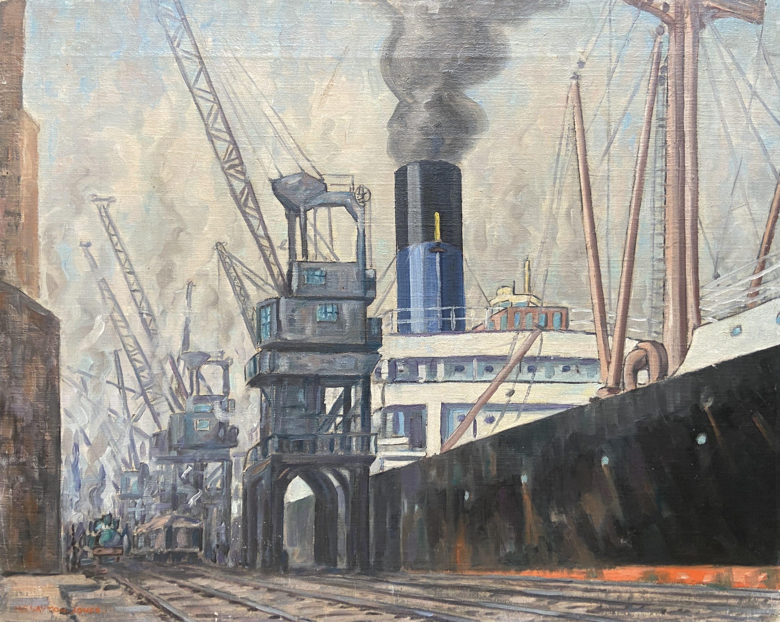 Landscape Painting Howell Clayton Jones - Cardiff Docks, peinture à l'huile galloise du 20e siècle, scène industrielle
