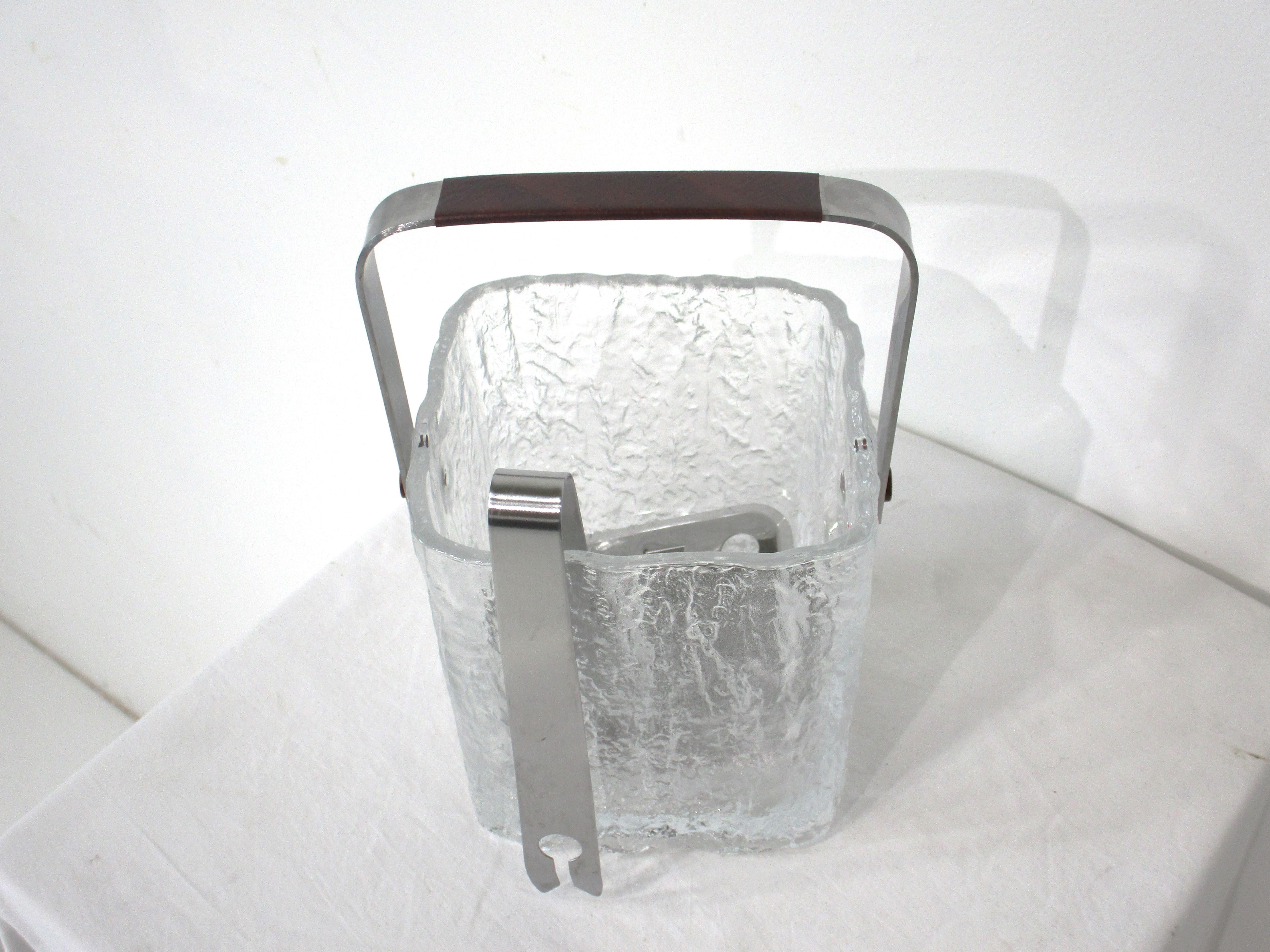 Mid-Century Modern Hoya Glacier Glass Ice Bucket w/ Tongs and Strainer   For Sale