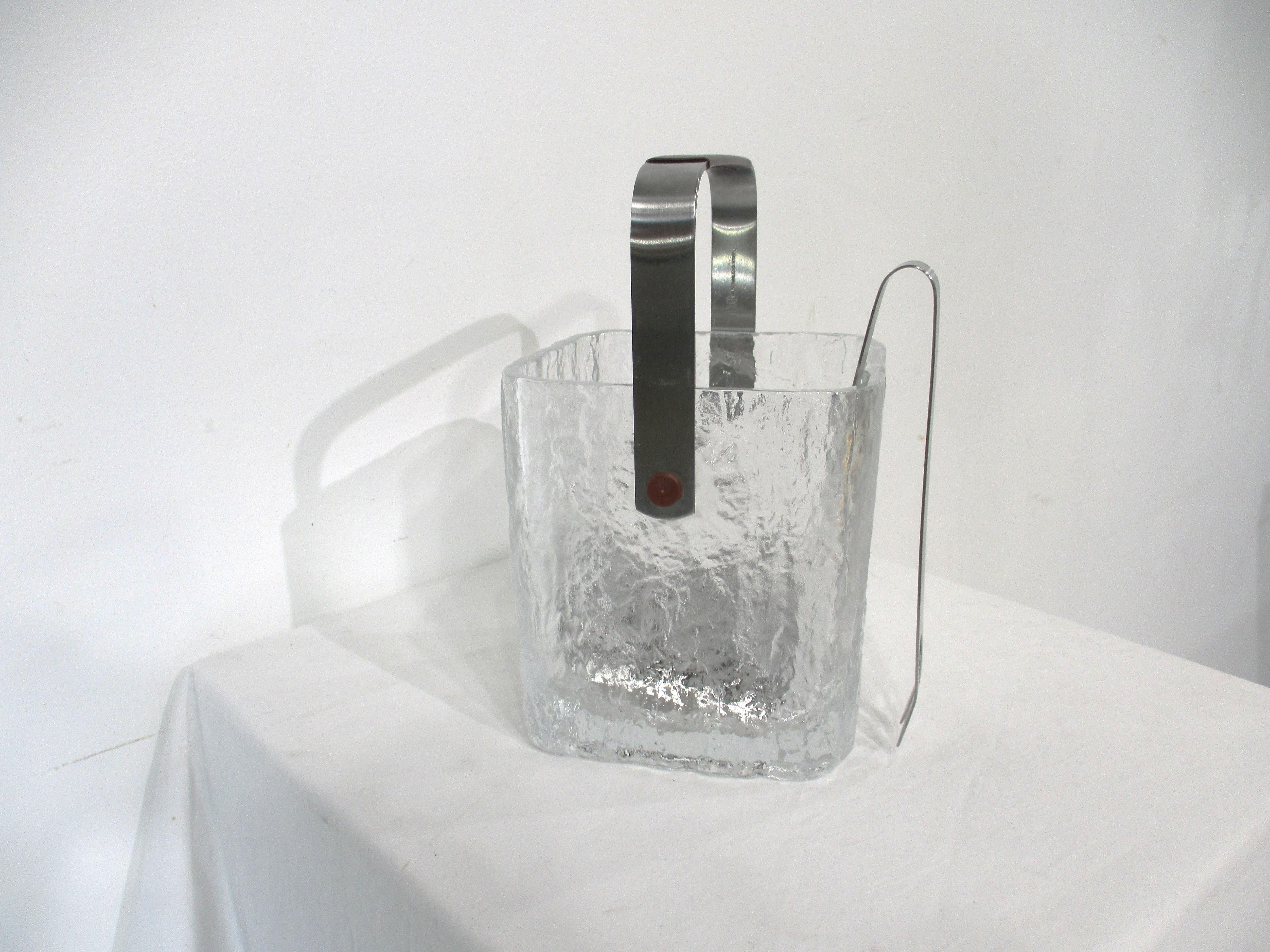 Stainless Steel Hoya Glacier Glass Ice Bucket w/ Tongs and Strainer   For Sale