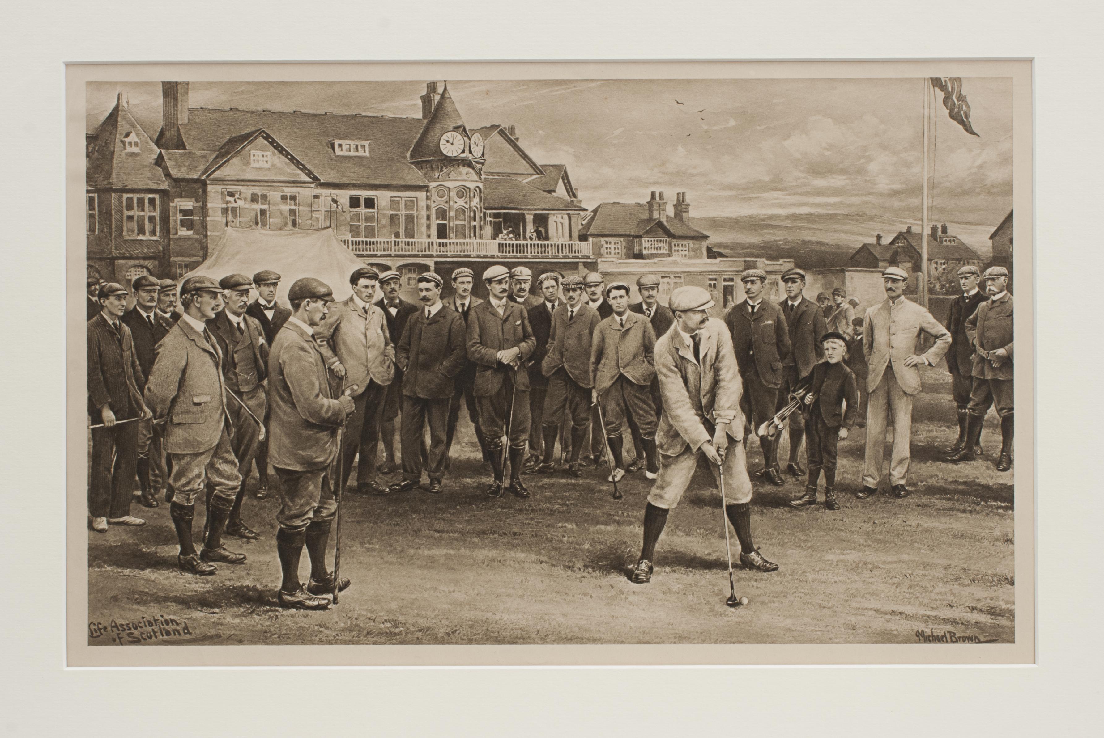 Michael Brown Life Association Golf Photogravure, Hoylake, 1st Tee.
A golf photogravure after Michael Brown: The International Golf Match of 1902 between England and Scotland, at The Royal Liverpool Golf Club, Hoylake, from his famous series of