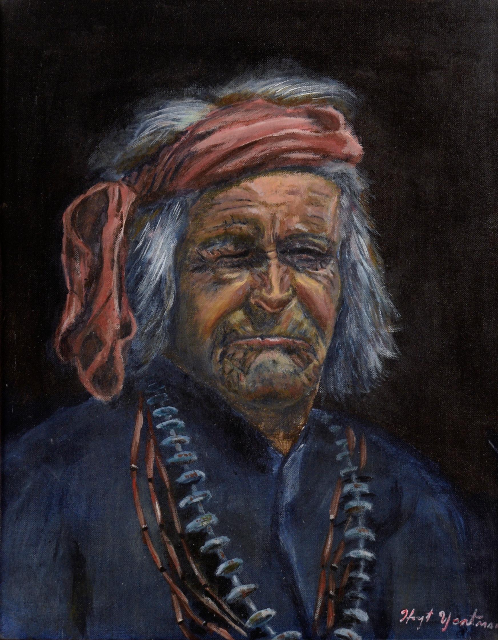 Porträt einer älteren amerikanischen Ureinwohnerin in Öl auf Künstlerkarton – Painting von Hoyt Yeatman Jr.