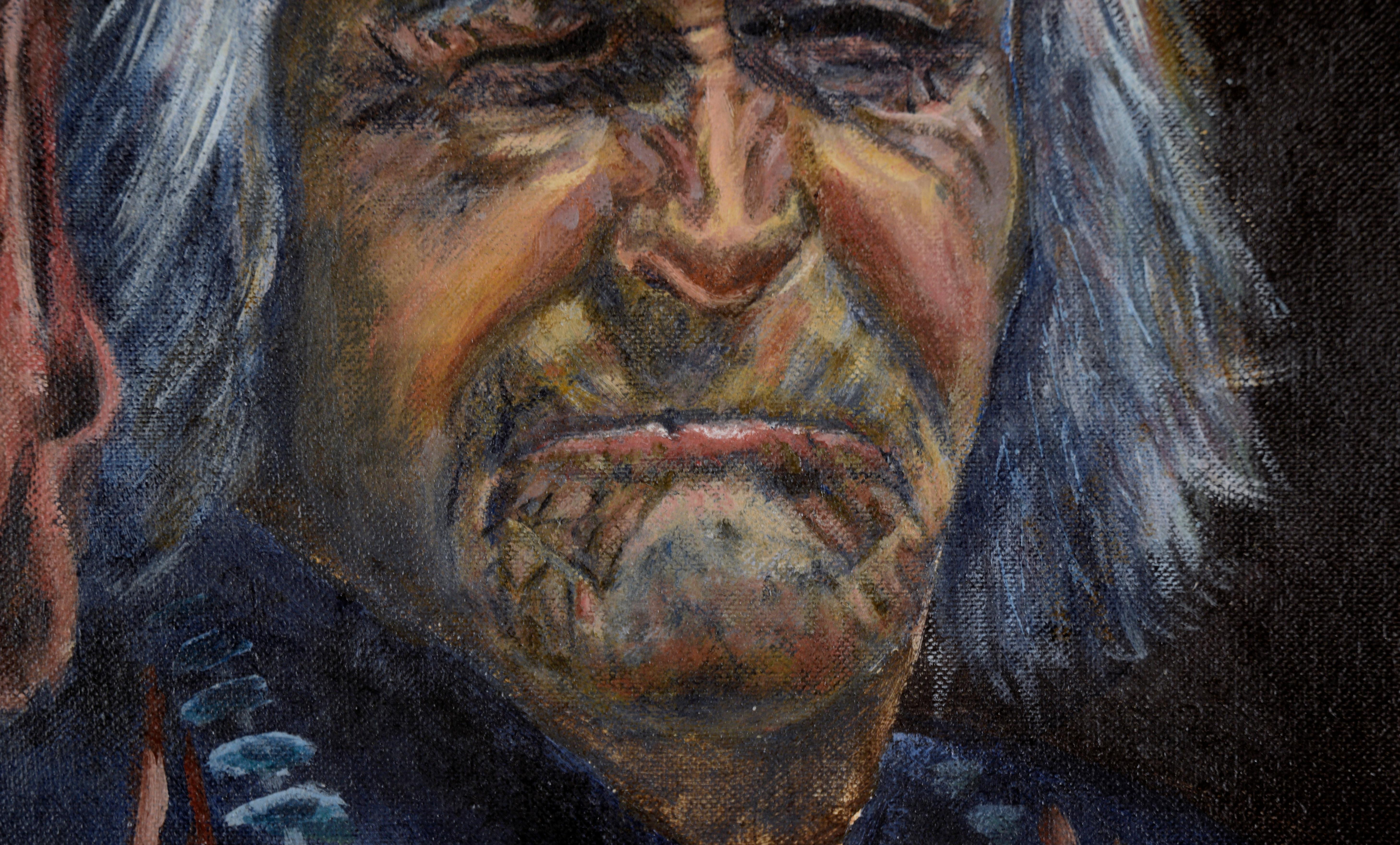 Porträt eines indianischen Ältesten in Öl auf Künstlerpappe
Stattliches Porträt eines älteren Mannes von Hoyt Yeatman II (Jr) (Amerikaner, 1926-2019). Der Mann ist vor einem dunklen Hintergrund abgebildet und trägt eine blaue Tunika, ein rotes