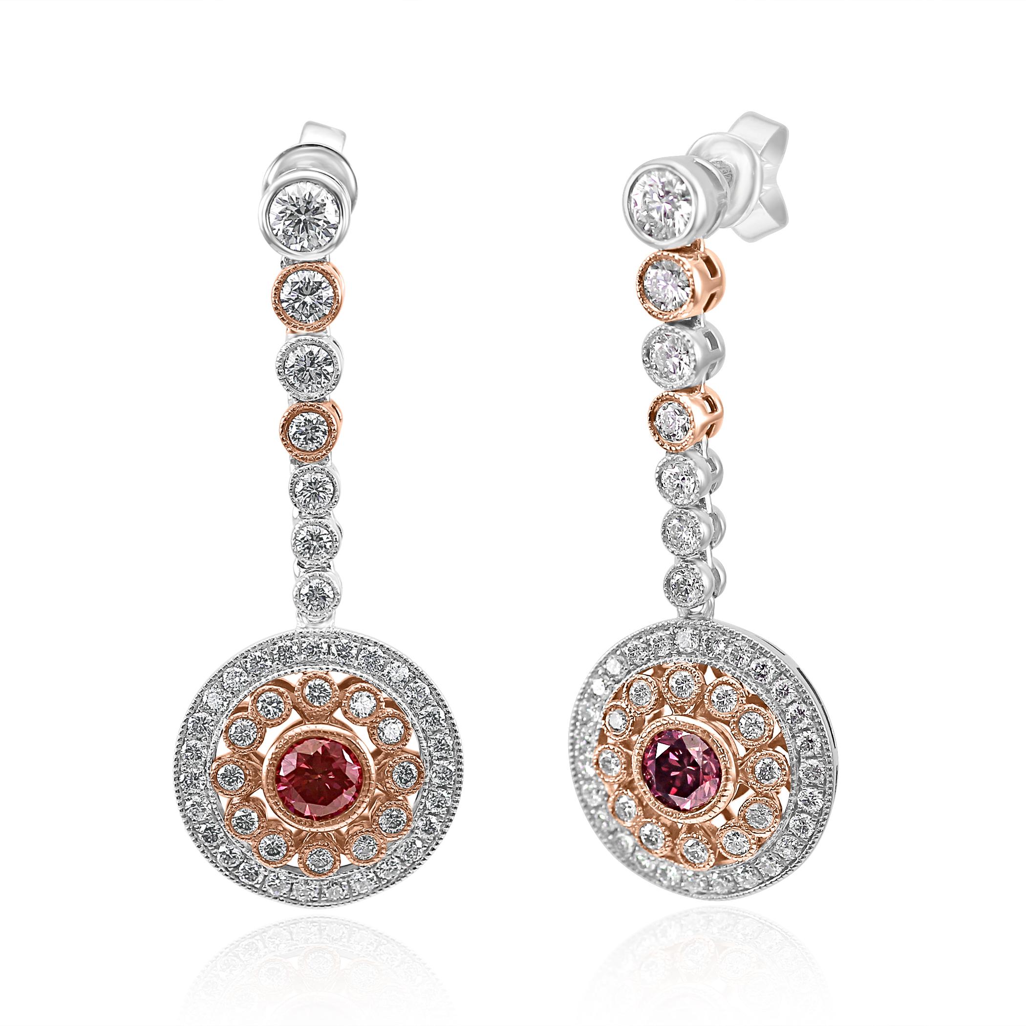 Gorgeous HPHT Vivid Pink Diamond Round VS-SI Clarity 0.79 Carat encircled in Double Halo of 92 White G-H Color VS-SI Clarity Round Diamond 2.01 Carat  in 18K White and Rose Gold Dangle Drop Earing with Filigree Work.

Total Weight 2.80