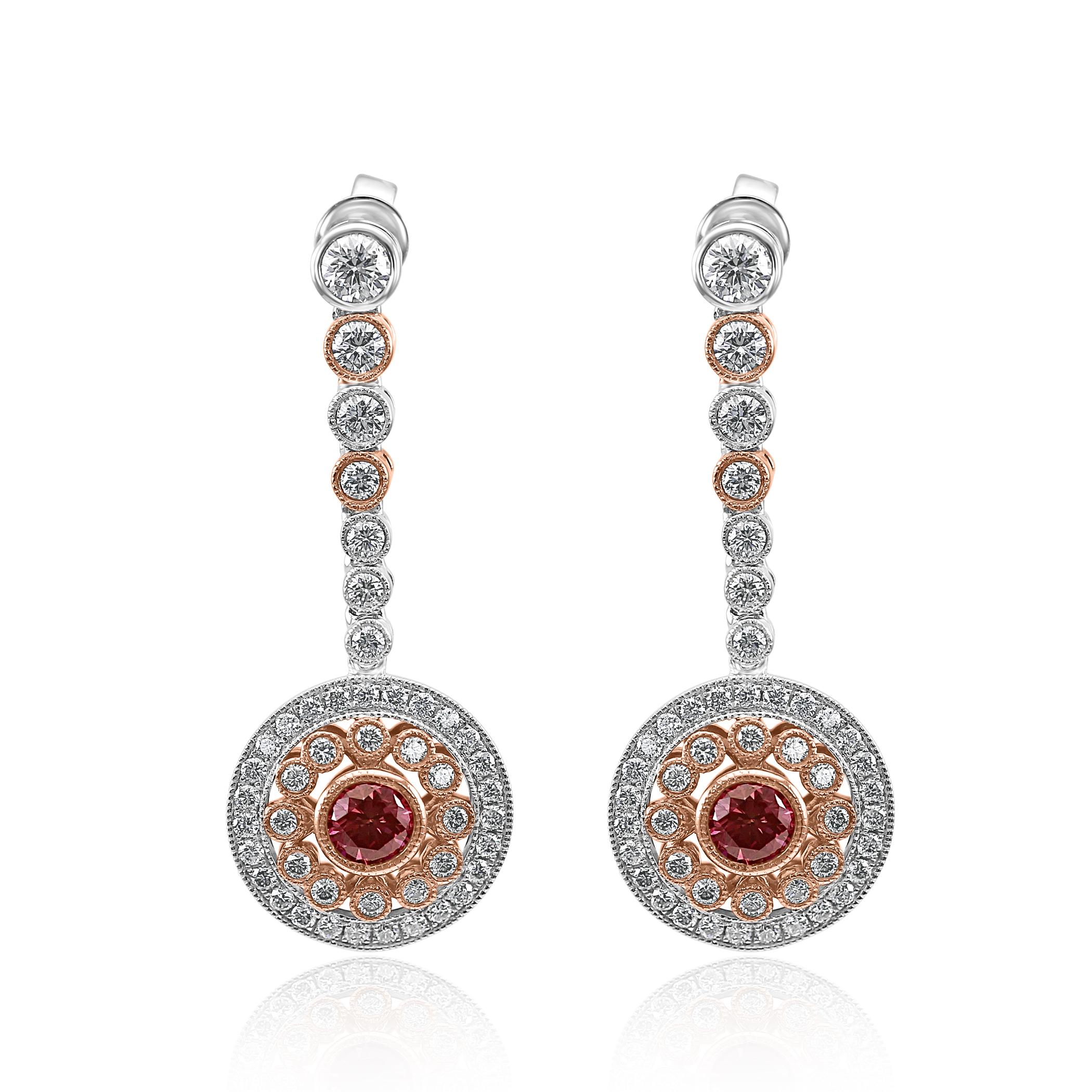 Modern HPHT Vivid Pink Diamond Round Halo Dangle Drop Two-Tone Gold Fashion Earring